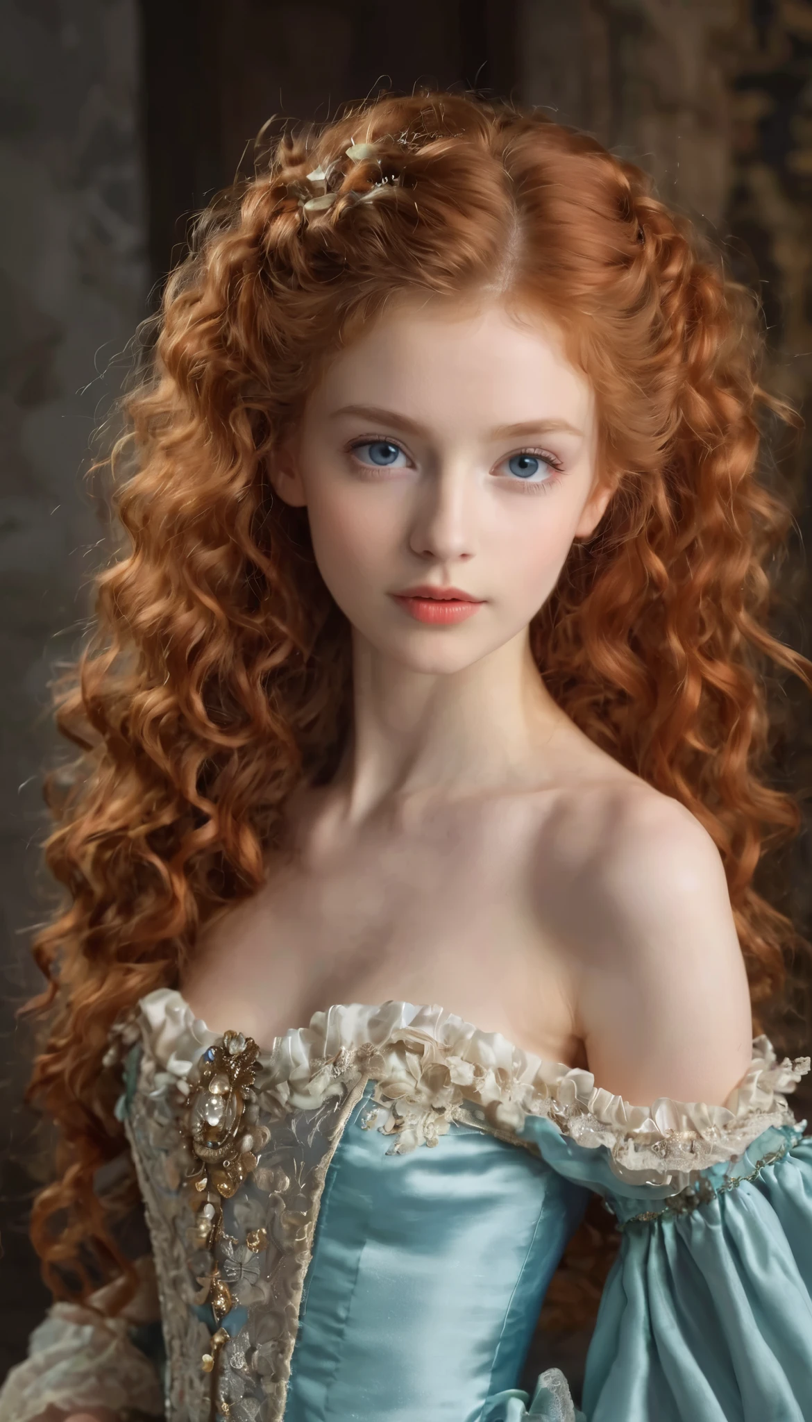 In a rococo atelier、(flat!!!! tiny!!!! chest), ( girl), very young extremely!!!!!! pretty!!!!!!!!! beautiful!!!!!!! face, blue eyes, pale skin, Oil painting nude!!!! model, topless!!!!!!!!!!!!!!, wearsa beige open!!!!!!!!! robe, naked!!!!!!!!!!!!!!!!!!, anorexic!!!!!!, emaciated!!!!!!!!!!!!!, very skinny!!!!!!, extremely skinny arms, (very short!!!!!!!!!!!!!!), tiny!!!!!. Highly detailed, 8K, short!!!!!!!!!, 1girll, boney!!!!!!, firered!!!!!! long wavy curly hair, redhead!!!!!!!!!!!! , (Perfect_Face), Convoluted, Dramatic Lighting, 4K, Detailed_Background, Caustics, from a_Side!!!!!, (eye contact!!!!!), (looking at camera!!!!!!). dark background.