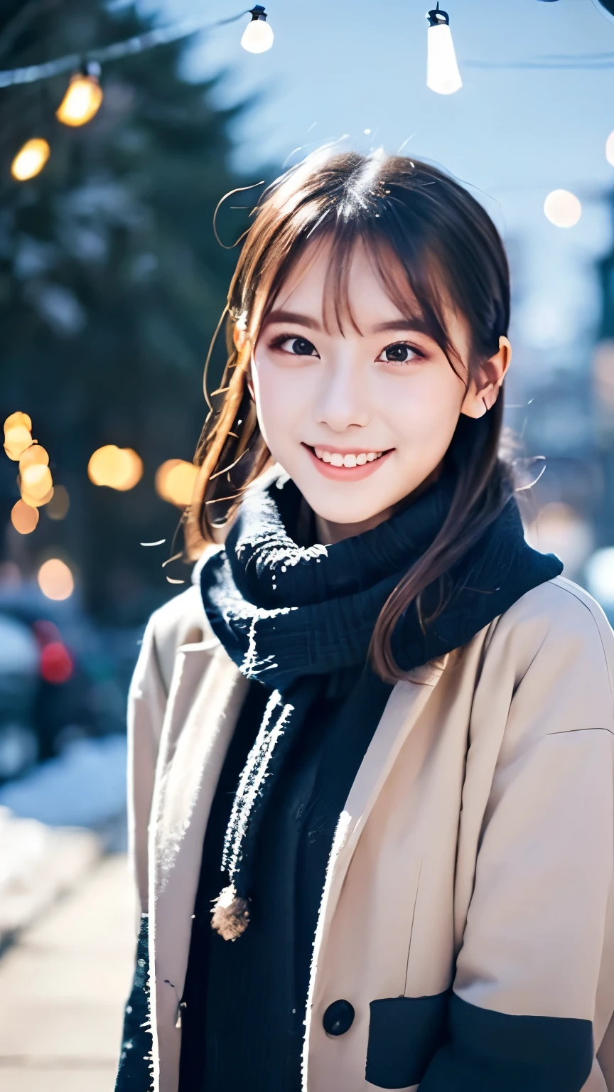 (Wore a winter uniform and scarf coat、 Close-up portrait of a girl with long hair and dull bangs:1.5)、(one person*** wearing a winter uniform and scarf coat spreads her arms and has a shy smile :1.5)、Age 25、( Christmas decorations on a street corner on a snowy winter night :1.5)、(perfect anatomy:1.3)、( completely up to your fingertips :1.3)、Photographically、photo shoot、masterpiece、top-quality、 high definition , Delicate and beautiful、 perfect face、 Beautiful detailed eyes 、 white skin、 Real Human Skin、pores、((Thin legs))、( dark haired)、 Realism, 8k full body portrait, Beautiful Women, attractive expression, 20 years old, Tokyo Eight Cities , Winters, Shibuya Background, Fantasia de Cena de Inverno , Senior Artist , Santa Claus's Workshop , , , A Snowy Winter Christmas Eve ,, City Hut , beautiful artist rendering, !!beautiful!!, The bangs don't hang over the forehead、(
slicked back hair:1.3),
