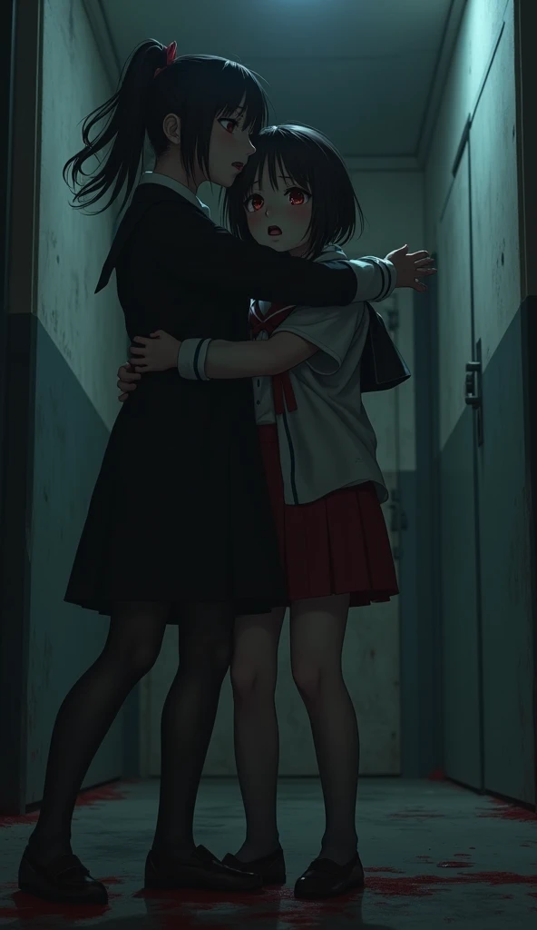 Dynamic shot, dynamic angle, ((2 girls)), bound, bondage, bound together, low lighting, bondage, schoolgirls, slaves, frightened, basement, cold light, high contrast, insecure, burning halo, highres, sharp focus