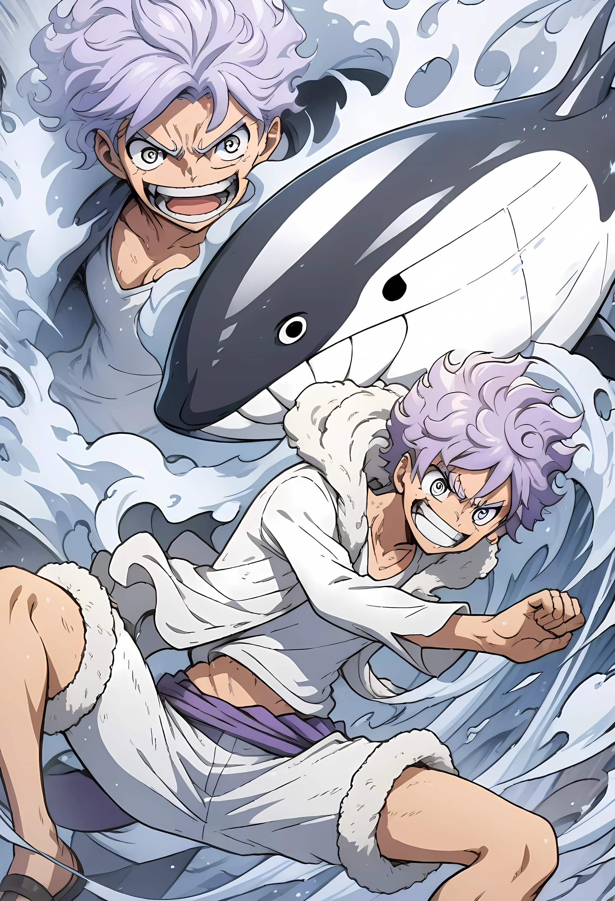 Anime illustration of a killer whale and a boy. Purple hair, deco, short hair, white jumper with fur, pointed sunglasses, dynamic pose, masterpiece, highest quality, highly detailed CG Unity 8K wallpaper,