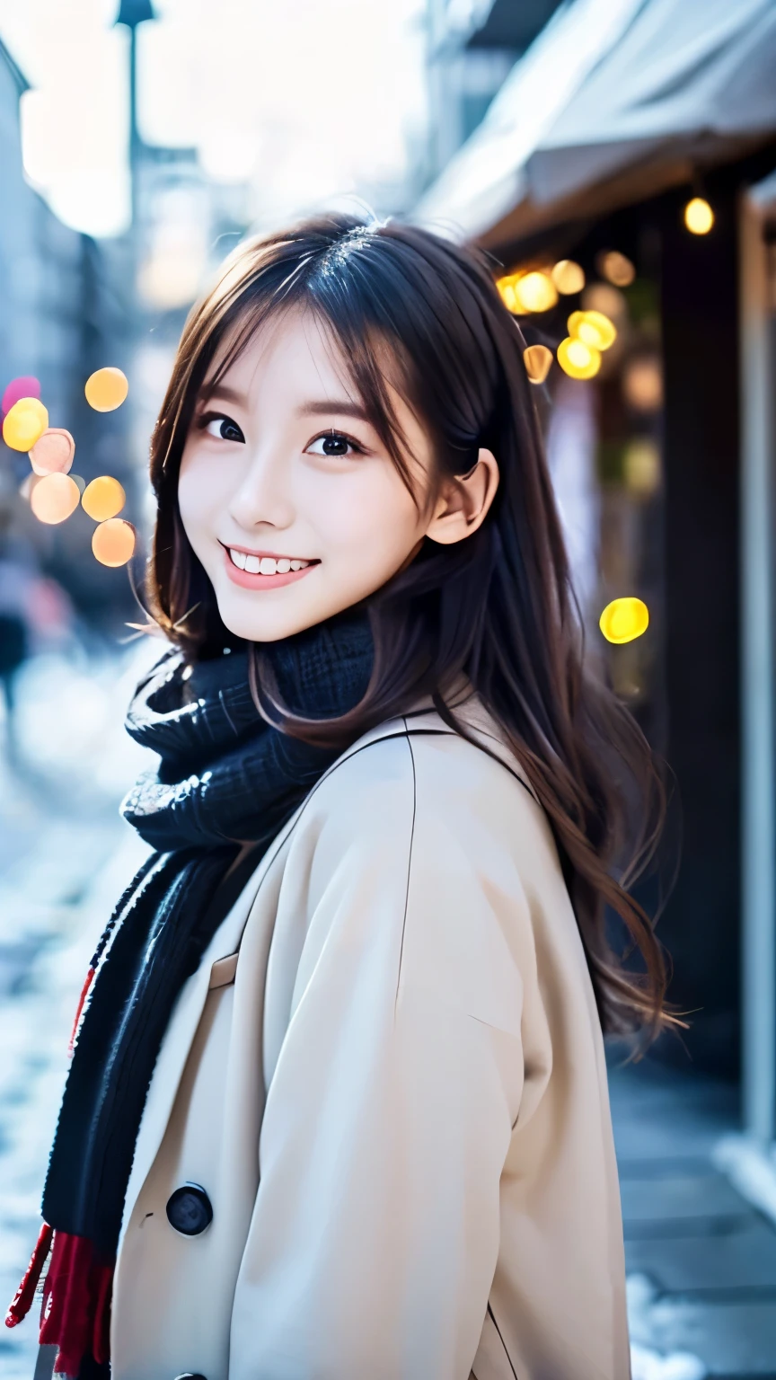 (Wore a winter uniform and scarf coat、 Close-up portrait of a girl with long hair and dull bangs:1.5)、(one person*** wearing a winter uniform and scarf coat spreads her arms and has a shy smile :1.5)、Age 25、( Christmas decorations on a street corner on a snowy winter night :1.5)、(perfect anatomy:1.3)、( completely up to your fingertips :1.3)、Photographically、photo shoot、masterpiece、top-quality、 high definition , Delicate and beautiful、 perfect face、 Beautiful detailed eyes 、 white skin、 Real Human Skin、pores、((Thin legs))、( dark haired)、 Realism, 8k full body portrait, Beautiful Women, attractive expression, 20 years old, Tokyo Eight Cities , Winters, Shibuya Background, Fantasia de Cena de Inverno , Senior Artist , Santa Claus's Workshop , , , A Snowy Winter Christmas Eve ,, City Hut , beautiful artist rendering, !!beautiful!!, The bangs don't hang over the forehead、(
slicked back hair:1.3),