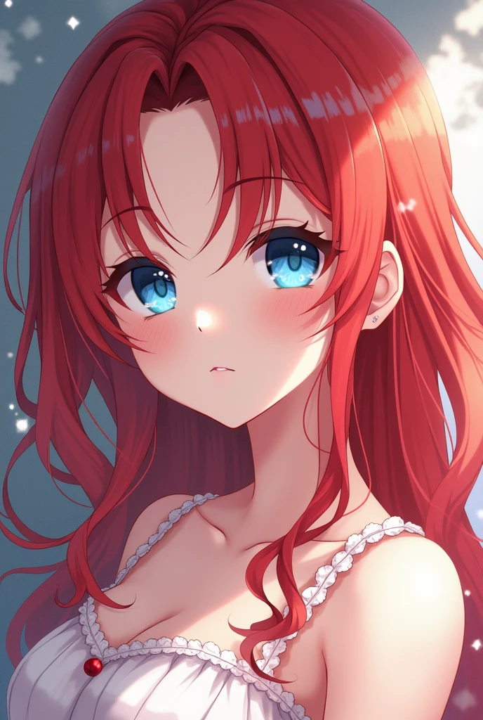 Beautiful long red hair brunette girl with blue eyes with red blush would be in the style of kimetsu no yaiba in 2D