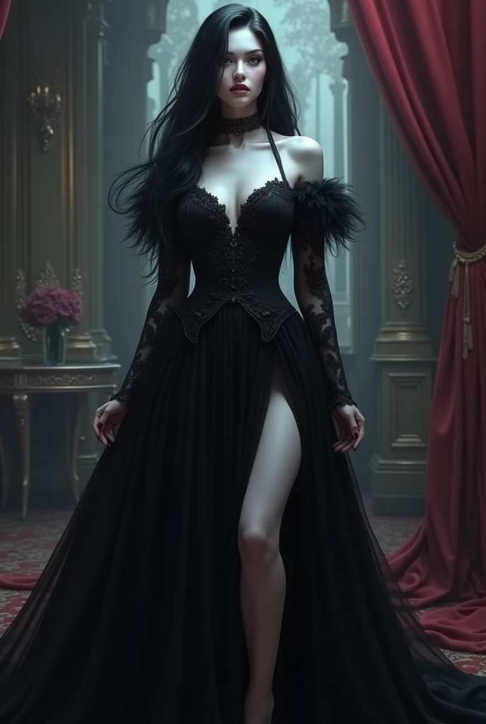 (((tmasterpiece))),((best qualtiy)),((super detailing)),(illustratio),(((Very fine and beautiful))),dynamic angle,looking at viewert,(((((独奏))),((1 arrogant lady)),(A beautiful fantasy arrogant queen),(full bodyesbian))),standing on your feet,Royal elegant posture,((dominating pose)),(Arrogant,((Arrogant smile)),a purple eye,(sharp sharp eyes),详细的脸,long eyelasher,(ccurateblack hair),(hair straight),(Very long hair))),bangs between eyes, ((((gigantic cleavage breasts)))),,(dent in the skin),curves,(Fluffy black and gold prom dress,Gorgeous embroidery),Big breasts corset,China-style