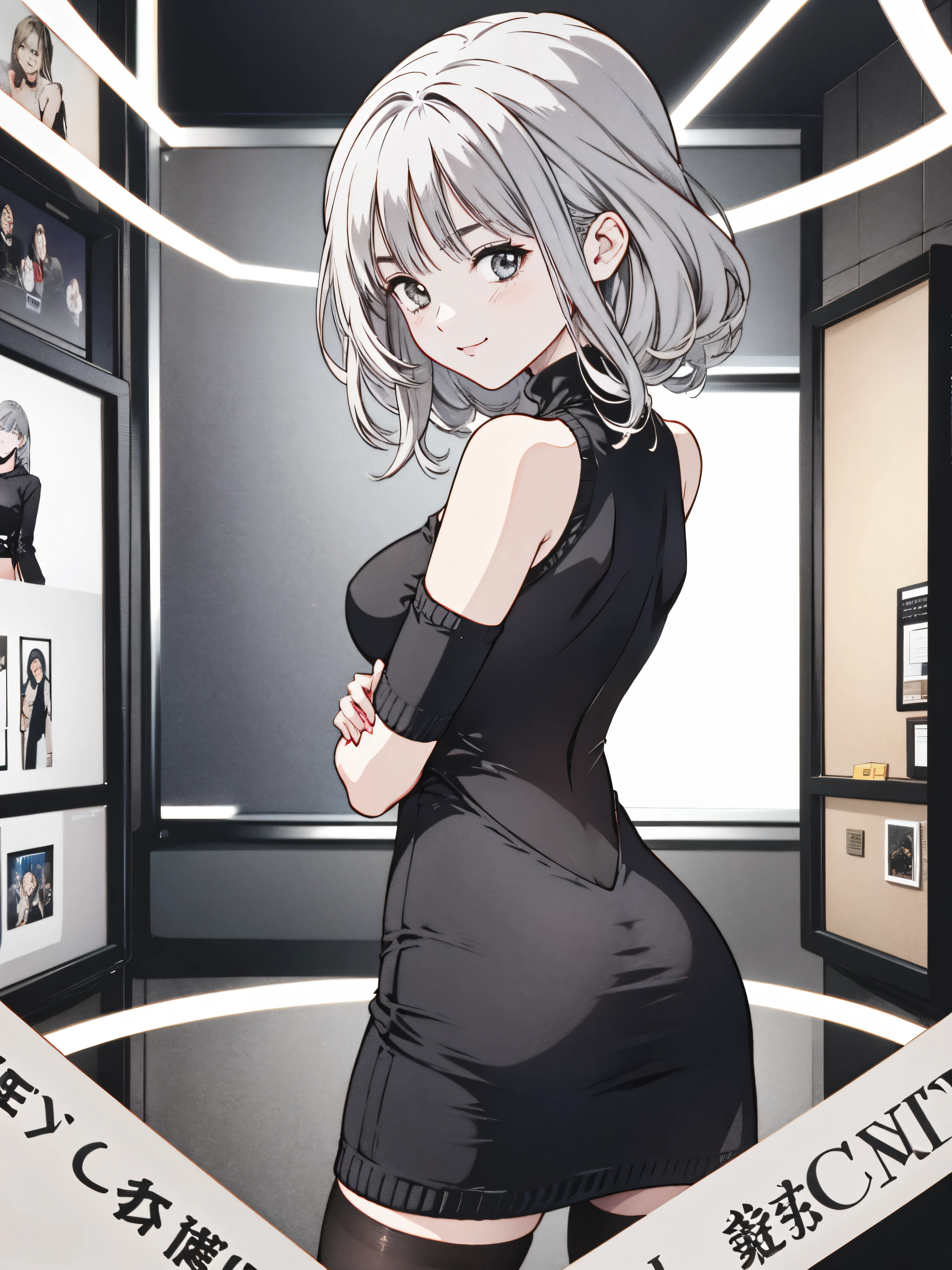   Masterpiece ,  high definition ,  best quality, Illustration,   super detailed ,  detailed face ,  detail eyes off the shoulder,  best quality,  super detailedな,( 1 girl,Silver Hair,),(grey turtleneck sweater dress,Backless, sleeveless),Lean forward, stretch your back to capture the natural beauty and personality of the ,A stylish museum ,Thief、Female Thief 、 sexy、 smile suspiciously、Black Cat、Hold the card、universe、star々、　
