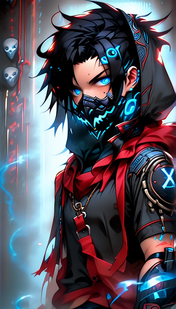 hero,chico, adolescent,Lifeless blue eyes , black hair, a cyber mask with a red x that only covers his mouth ,  hoodie with black cape with dark blue patterns ,  dark blue cyber pants with black patterns , pose coming out of his fingers red strings controlling giant puppets,Background controlling puppets