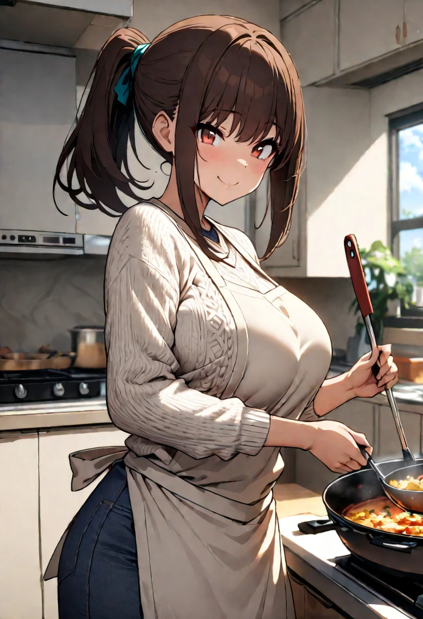 (masterpiece,  best quality:1.2), One girl in the anime , Alone,   expressive eyes,   turns around and holds the ladle in her hand on the , ((( Dark Haired Ponytail ))). (((  straight hair))), (smile), (((Reddish brown eyes))), ((( perfect face girl )))、(((Summer sweater ))), ((( apron I was cooking in the kitchen))), Big Breasts, 嬉しそうなsmile, , 