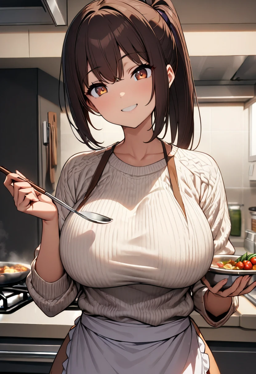 (masterpiece,  best quality:1.2), One girl in the anime , Alone,   expressive eyes,   turns around and holds the ladle in her hand on the , ((( Dark Haired Ponytail ))). (((  straight hair))), (smile), (((Reddish brown eyes))), ((( perfect face girl )))、(((Summer sweater ))), ((( apron I was cooking in the kitchen))), Big Breasts, 嬉しそうなsmile, , 