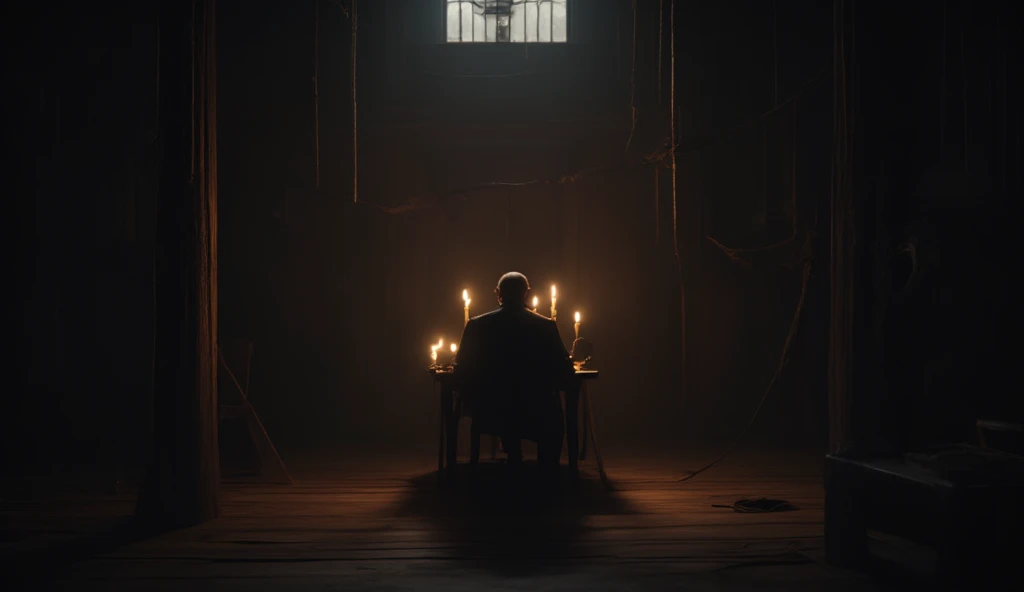   sitting alone in an empty room， Halloween atmosphere , Silhouette,  medieval , candles, table, Silhouette зрелого мужчины, on a chair