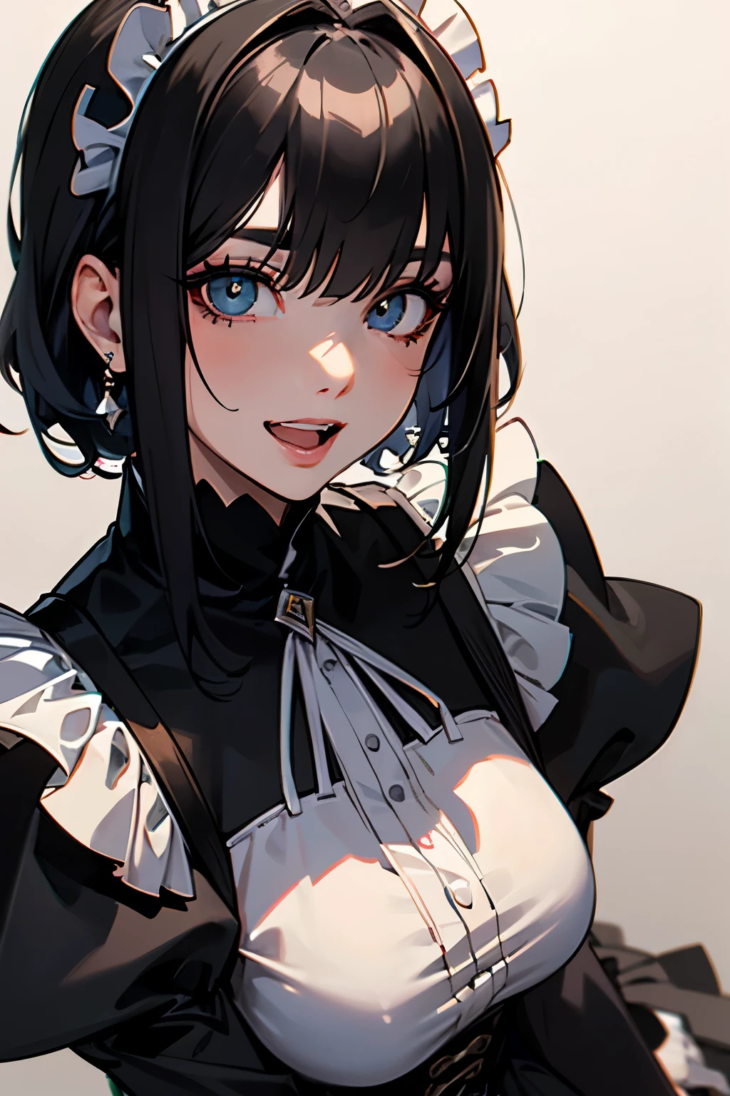 (best quality,4k,high resolution,masterpiece:1.2),detailed eyes,beautiful detailed lips,extremely detailed large eyes and face,long eyelashes, perfect anatomy, a maid with short black hair is looking her guest, Europian noble face, tightly fitted outfit,black long-sleeved maid costume,wearing long skirt, wearing white tights, upper body portrait above the knee,beautiful face with brutal smile, open mouth with cold smile, large sadistic eyes, upward gaze,open mouth with cruel feels, feels a confidence expression.