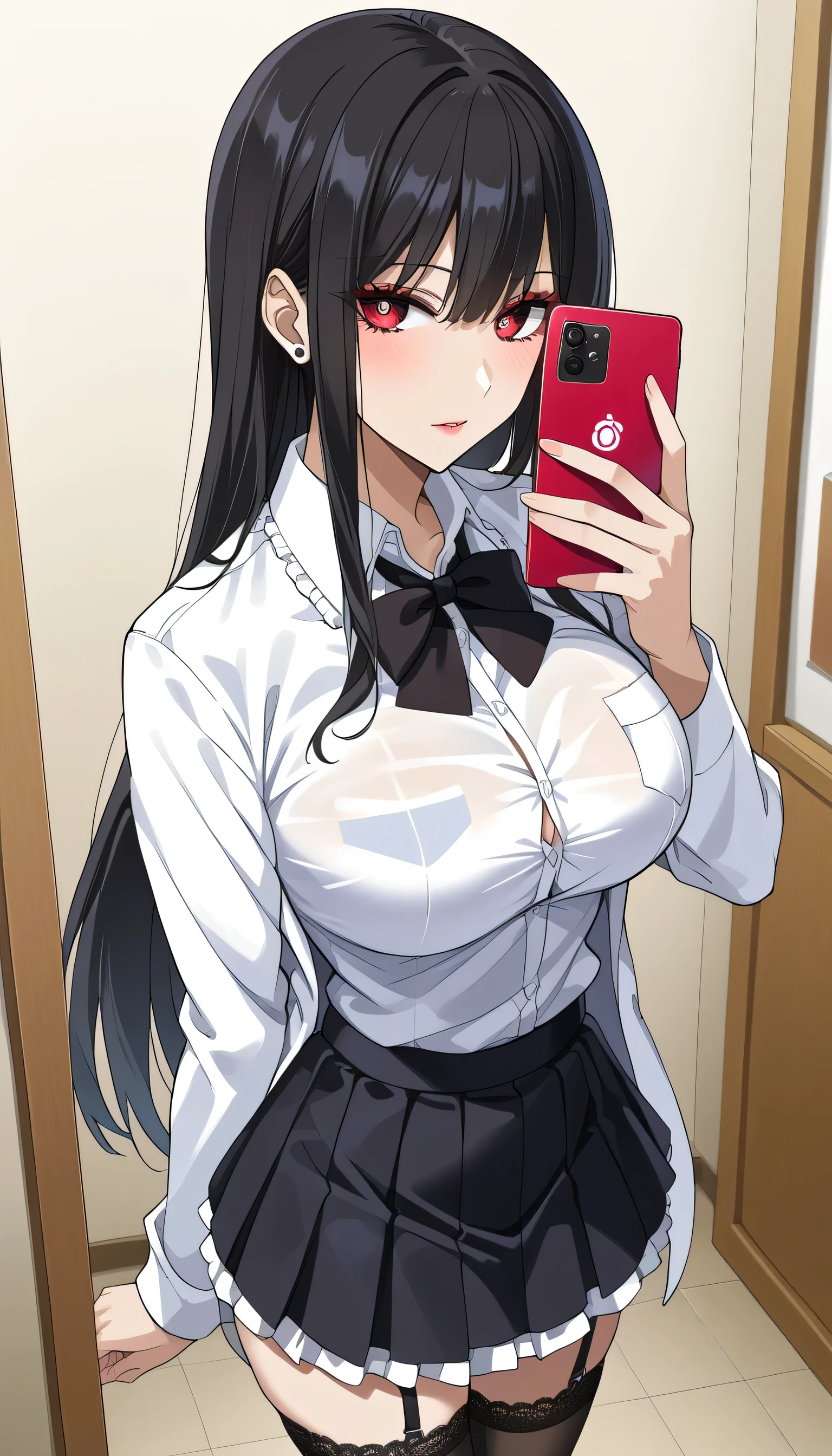 Red smartphone を持っている、A woman in her thirties、 Alassah's woman 、Tall woman、 frustrated、Depressed、Bad mood、steins;Gate、 adult appeal 、Bad mood、 score_9, score_8_up, score_7_up, source_anime,masterpiece、 office、Red smartphone 、office、 No Emotion、 no makeup、手にRed smartphone を持つ、 best quality, beautifully detailed eyes , Exquisite Eyes、A sophisticated eye、 highly detailed eyes and face,Unmotivated look、Apathetic face、 holding a red smartphone 、 long breasts, 1 female, Put on a white coat、Grey dress shirt、 gothic ta、 Gothic Lolihirt Under a White Coat、 Grey Gothic Lolita S 、Black Gothic Lolita Skirtray gothic lolita shirt、 BlGothic Lolita Skirt 、 Mini t、 short skirt , Big saggy breasts, shockingly Big Breasts , Big Breasts , room,Big Breasts、 boobs 、 zitales , makeup、 no makeup、 black hair、 Long Hair、Smooth straight hair、 black stockings 、 garter belt 、black garter belt 、 taken from above、 cool women