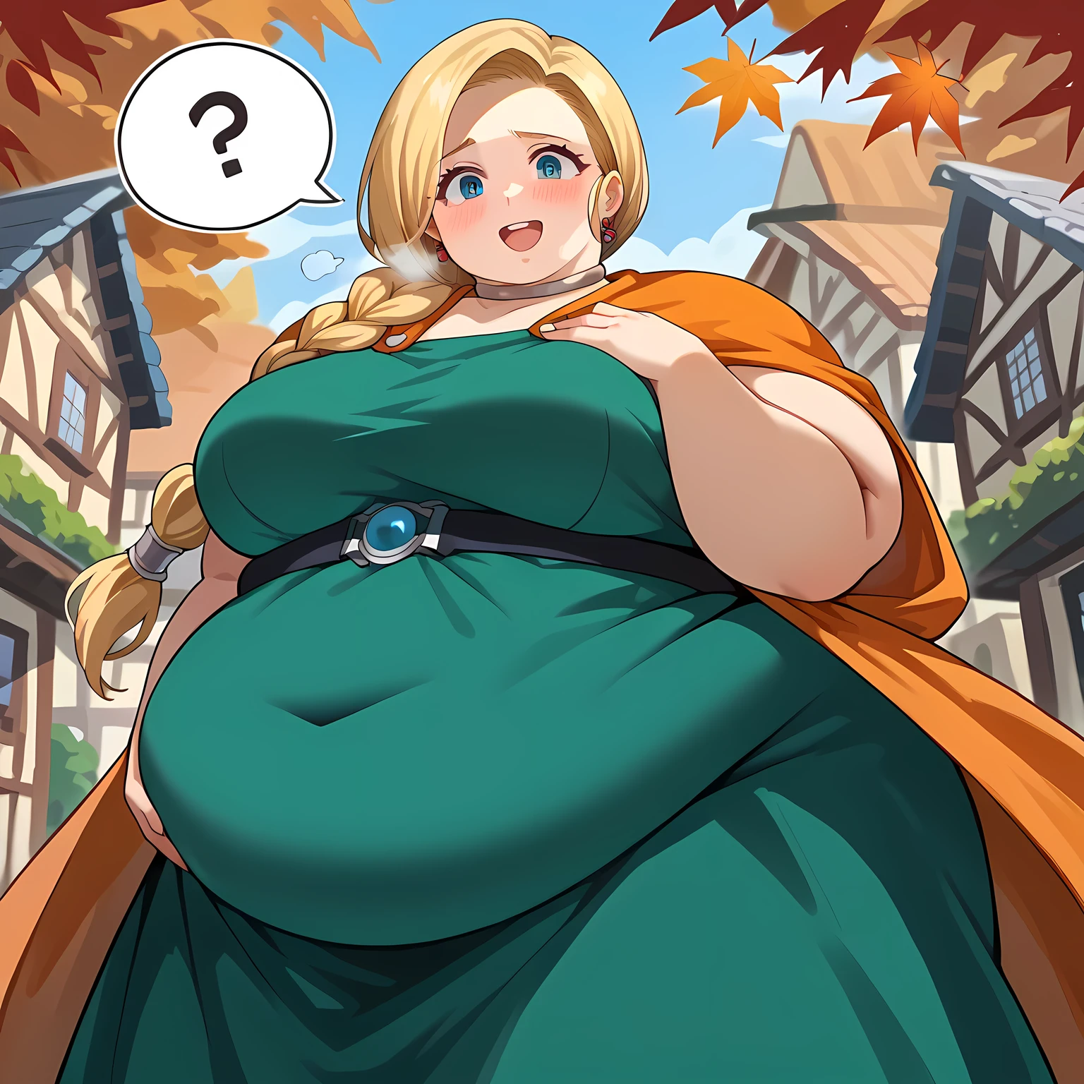 score_9, score_8_up, score_7_up, source_anime BREAK 1girl, solo,  dqBianca, single braid, hair over shoulder, earrings, choker, orange cape, green dress, belt, (large breasts:0.9), happy, looking at viewer, village, autumn, waist up, hand on own chest bulging belly, fat, chubby, obese, open mouth, out of breath, absurdres, highres icon, rating:General, confused, blush, spoken question mark, {flustered}, nervous sweating, portrait, pov hands, hand on another's belly, averting eyes, [looking away], straight-on, from below, swollen face, masterpiece, best quality, ultra-detailed, high resolution, 8K, absurdres, highres icon,