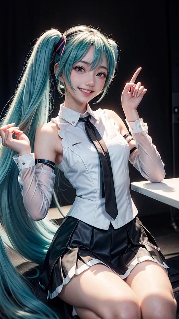  one girl, Alone, woman ,  table top in front of you, beautiful hanteeths,  Hatsune Miku ,  white shirt, (  black skirt  :1.3),  blue tie, bare shoulteethers, teethetacheteeth sleeves, 
break
:teeth,  happy , smile,  show viewers, ✌️,(:1.5), Squat,
break
stage lights,