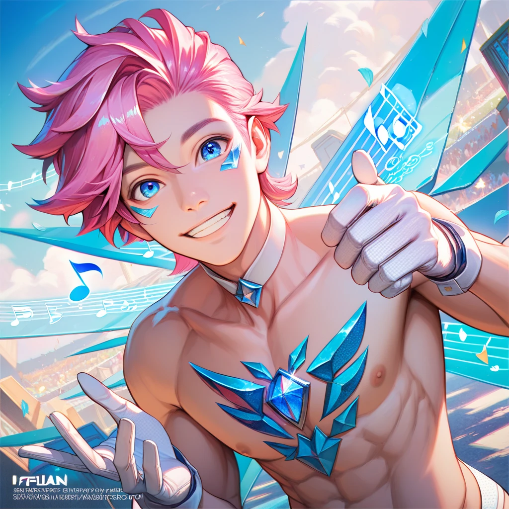 ultra detailed, master piece, best quality, cinematic angle, focus male, detailed eyes, detailed hands, white skin male, young male, whole body, muscle, pink hair, expressive light blue eyes, shirtless, pale blue musical note, white choker, white gloves, smile, white thong, posing, bulge, looking at viewer, five-fingered hand