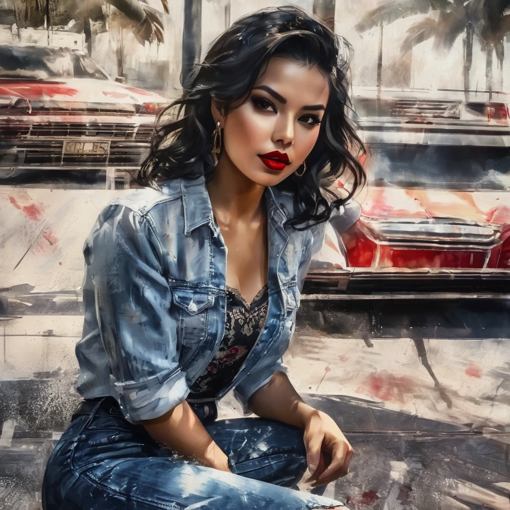  two Modern urban Mexican women, beauty，well proportioned, Denim skirt，black hair, Sexy and attractive red lips，portraitures，oil painted，inks，acrycle painting，tmasterpiece，Renaissance style，best qualtiy，A high resolution，super-fine，Eyes detailed，Face detailed，sharp focus on eyes an 80&#39;s horror movie, Supervised by Junji Ito、darkness、Serial killer、high detail, Realistic Shadows、Analog Style, chromatic aberration, Complementary Gradient、Surrealism