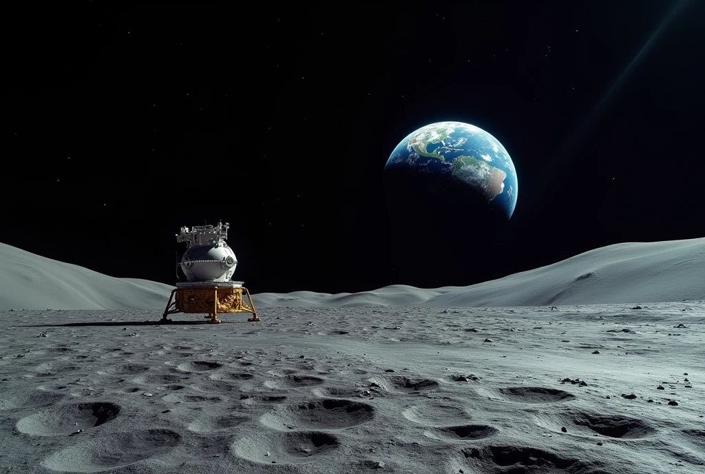 ((masterpiece, highest quality, Highest image quality, High resolution, photorealistic, Raw photo, Extremely detailed CG unified 8k wallpaper)), The giant craters on the moon, the Sea of ​​Tranquility, the Apollo 11 lunar lander, the blue Earth floating in the pitch black sky,