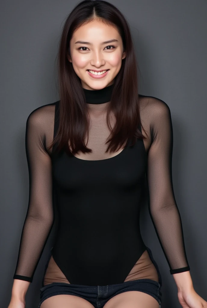 8k, RAW Photo, Best Quality, Masterpiece:1.2),(Realistic, photo-realistic:1.37), Super Detail, wearing black pantyhose,She is wearing tight thin fitting transparent black long sleeve turtleneck, no skirts, transparent black pantyhose, cinematic lighting, sexy pose, monotone background, facing front, smiling, portrait, dressed up to the belly button, dressed up to the neck
