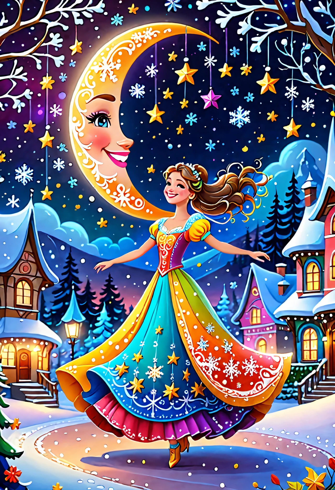 (bright colors :1.2),  cartoon ,  Fairytale Night , Stars Dance , bright smile, Round dance, moon,  half moon ,  Snowflakes Fall Close-up, ((masterpiece)), 8 k, (( better quality)),  intricate details , стиль  cartoon а, 