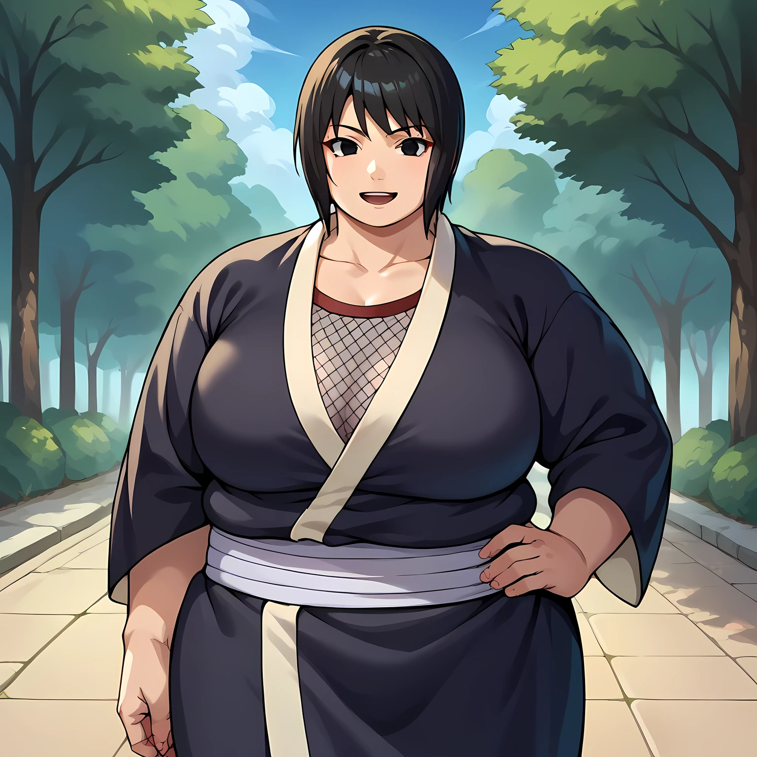 score_9, score_8_up, score_7_up, score_6_up, source_anime BREAK 1girl, solo, shizune, black hair, black eyes, black kimono, (big breasts:0.6), looking at you, hand on hip, light smile, blue sky, tree fat, chubby, obese, gigantic arms and legs, large breasts open mouth, out of breath