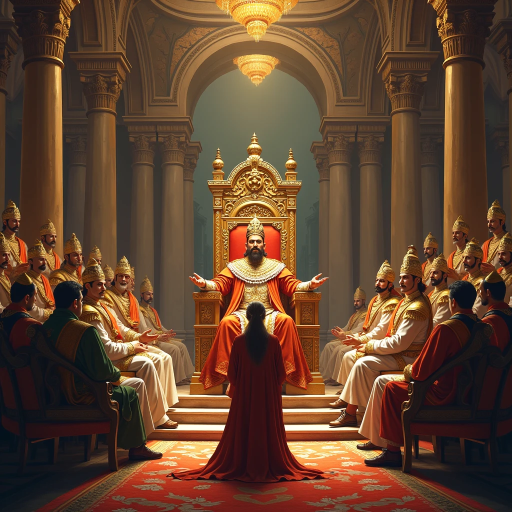 create a surreal 4K ultra-definition image of a majestic king sitting on his throne inside an imposing palace in ancient Israel. The king is surrounded by numerous beautiful women who touch and surround him, creating an atmosphere of devotion and adoration. The overall atmosphere of the palace and its surroundings radiate a dreamlike and ethereal quality, with details that evoke a world of fantasy and dreams.