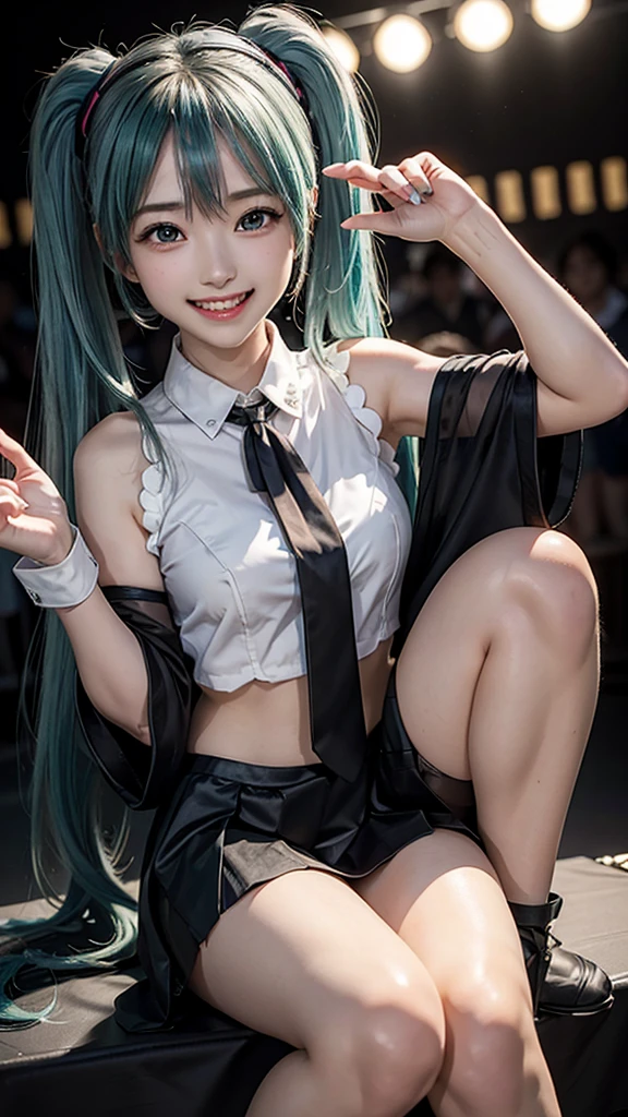  one girl, Alone, woman ,  table top in front of you, beautiful hanteeths,  Hatsune Miku ,  white shirt, (  black skirt  :1.3),  blue tie, bare shoulteethers, teethetacheteeth sleeves, 
break
:teeth,  happy , smile,  show viewers, ✌️,(:1.5), Squat,
break
stage lights,