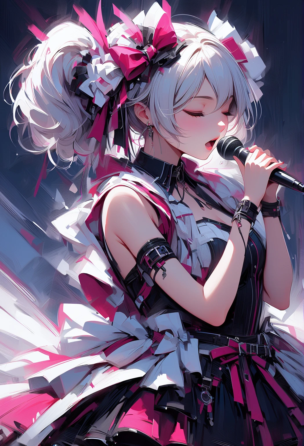 Hair shaking, victory, Long eyelashes, Solid round eye, A faint smile, ear blush, direction, (White hair), cosmetic, blush, sad, sad smile, shadow, Relief, Atmospheric perspective, 8K, Super Detail, precise, best quality, (Cyberpunk), Movie Lighting, masterpiece,(1 Girl), ((((Short twin tails)))), Colorful hair, flight, Pink bow,((Female Model)), (Angel Halo), ((( wing ))),  bold, striking, fashionable,  panoramic, Eye level shot, tiling from below,, (((Lolita dress))), (((Wide-angle lens))), (((( Splash of Color )))),8k,Ultra-clear