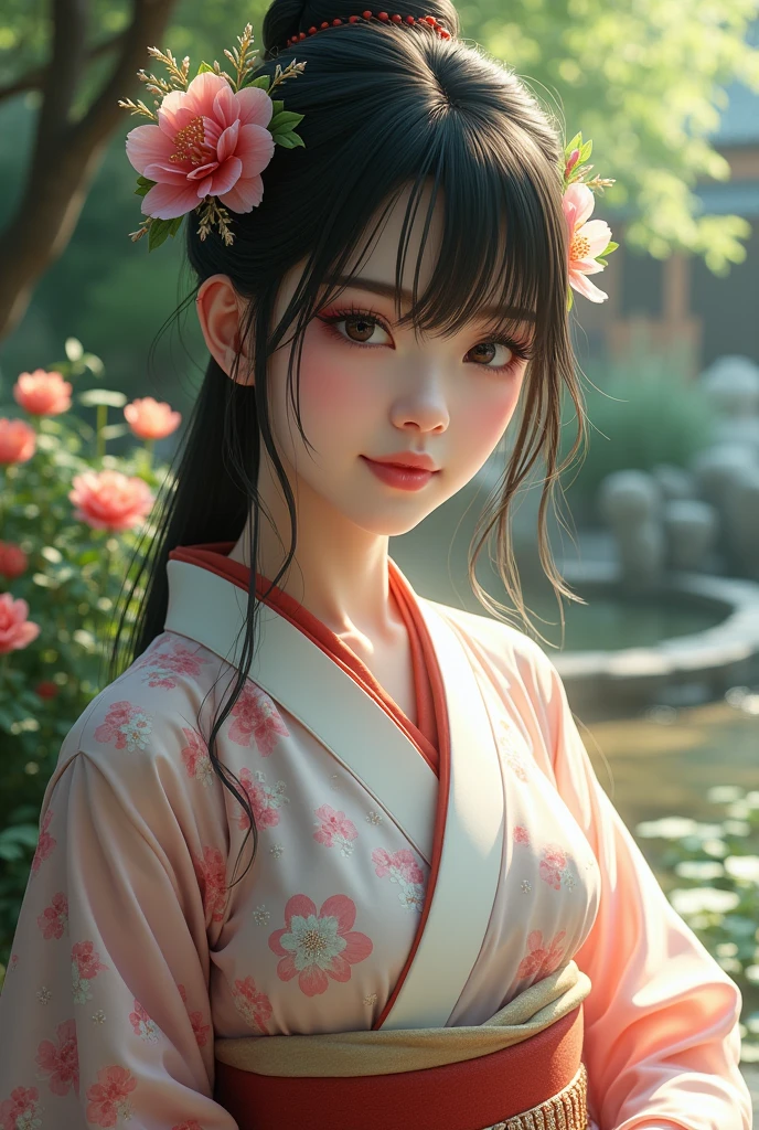 （​masterpiece）8ｋ、beste-Qualit、Cherry Blossom Fairy Woman、Black straight hair、kindly smile、fantasy-inspired