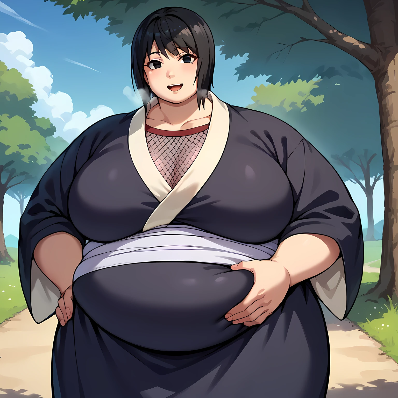 score_9, score_8_up, score_7_up, score_6_up, source_anime BREAK 1girl, solo, shizune, black hair, black eyes, black kimono, (big breasts:0.6), looking at you, hand on hip, light smile, blue sky, tree fat, chubby, obese, gigantic arms and legs, large breasts open mouth, out of breath, huge belly, from side, grabbing belly,