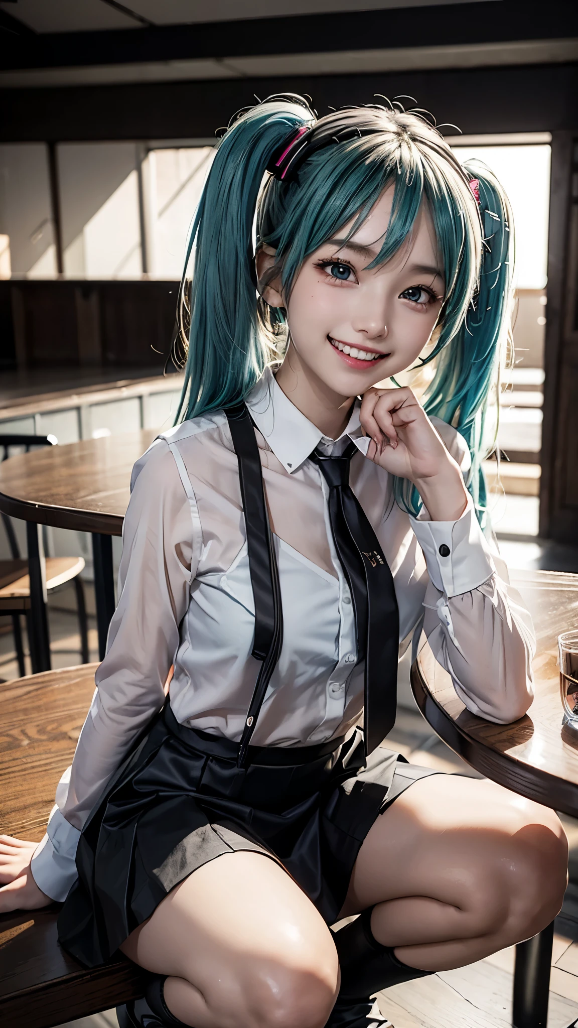  one girl, Alone, woman ,  table top in front of you, beautiful hanteeths,  Hatsune Miku ,  white shirt, (  black skirt  :1.3),  blue tie, bare shoulteethers, teethetacheteeth sleeves, 
break
:teeth,  happy , smile,  show viewers, ✌️,(:1.5), Squat,
break
stage lights,