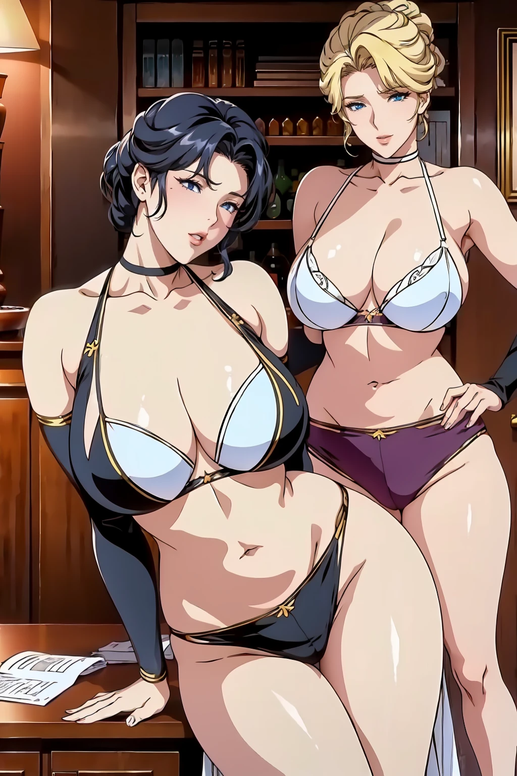 2girl, two girls, standing, cleavage,  detailed face and eyes,  long hair, earrings,  medium breasts, masterpiece, best quality, highly detailed, a anime girls in long dress with navel cutout posing for a picture, evil smile, smile, open mouth, (nsfw) not safe for work,   revealing dress, beautiful dress center opening , long dress with bellybutton showing, ecchi anime style, anime girls, ecchi style, ecchi, digital anime art!!, in anime style, official artwork, visual novel cg, beautiful anime girl, anime style 4 k, exposed navel, exposed bellybutton,  jewelry, earrings, complex detailed background, casino environment, fancy interior environment, rich interior,  navel piercing