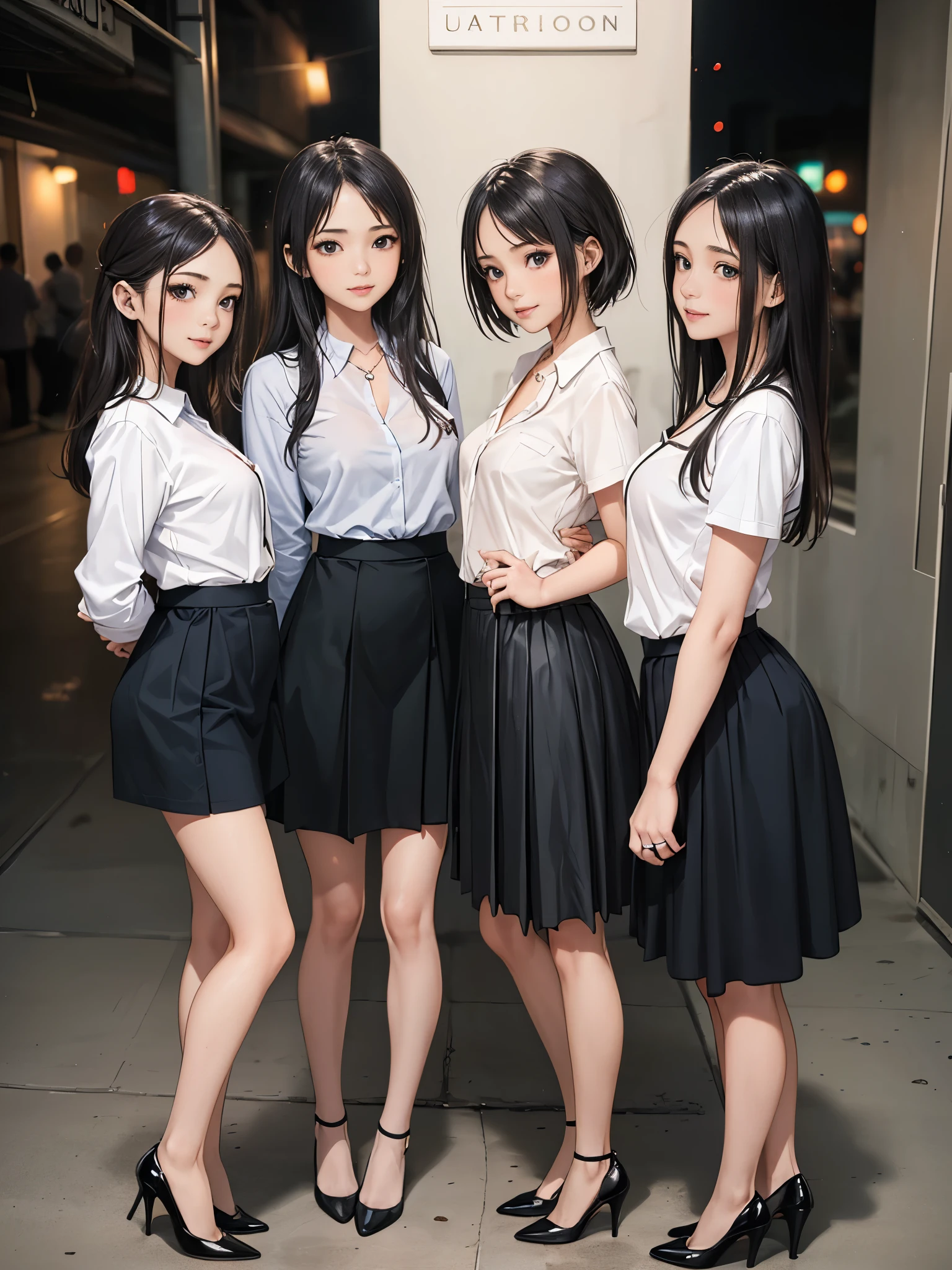 (3girls,sister:1.8),4K,masterpiece, focus on the face,Symmetrical facial features, eyes with detailed instructions, pretty woman smiling at school,Age 25:1.5), amazing style , ( slender :1.5),( small ass , Thin Thighs ), detailed depiction of a face, small earrings ,pearl necklace, break,( shirt ,( skirt), high heels,Married Woman,Age 30:1.5),Late Night, standing,Outdoor,profile,Nape,Sexy
