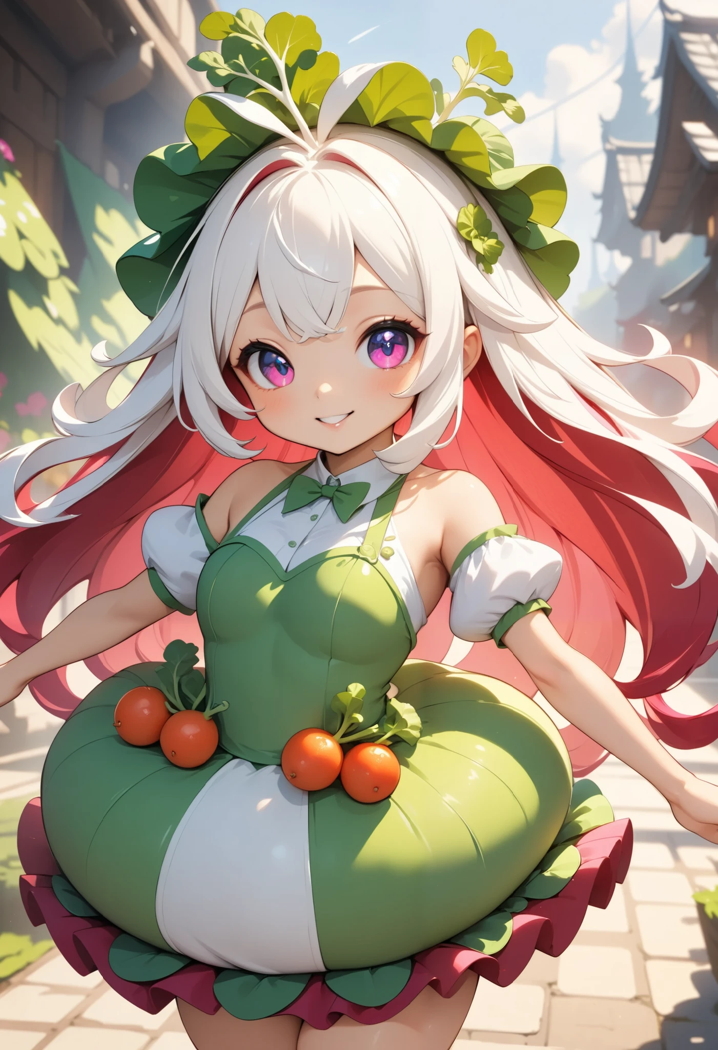 radish humanized,radish girl,cute radish concept costume,cute smile,sexy pose,(best quality,4k,8k,highres,masterpiece:1.2),ultra-detailed,(animestyle),1girl,extremely detailed eyes and face,longeyelashes,natural lighting,vibrant colors,fantasy,digital painting,concept art,soft lighting,warm color palette,dynamic pose,flowing hair