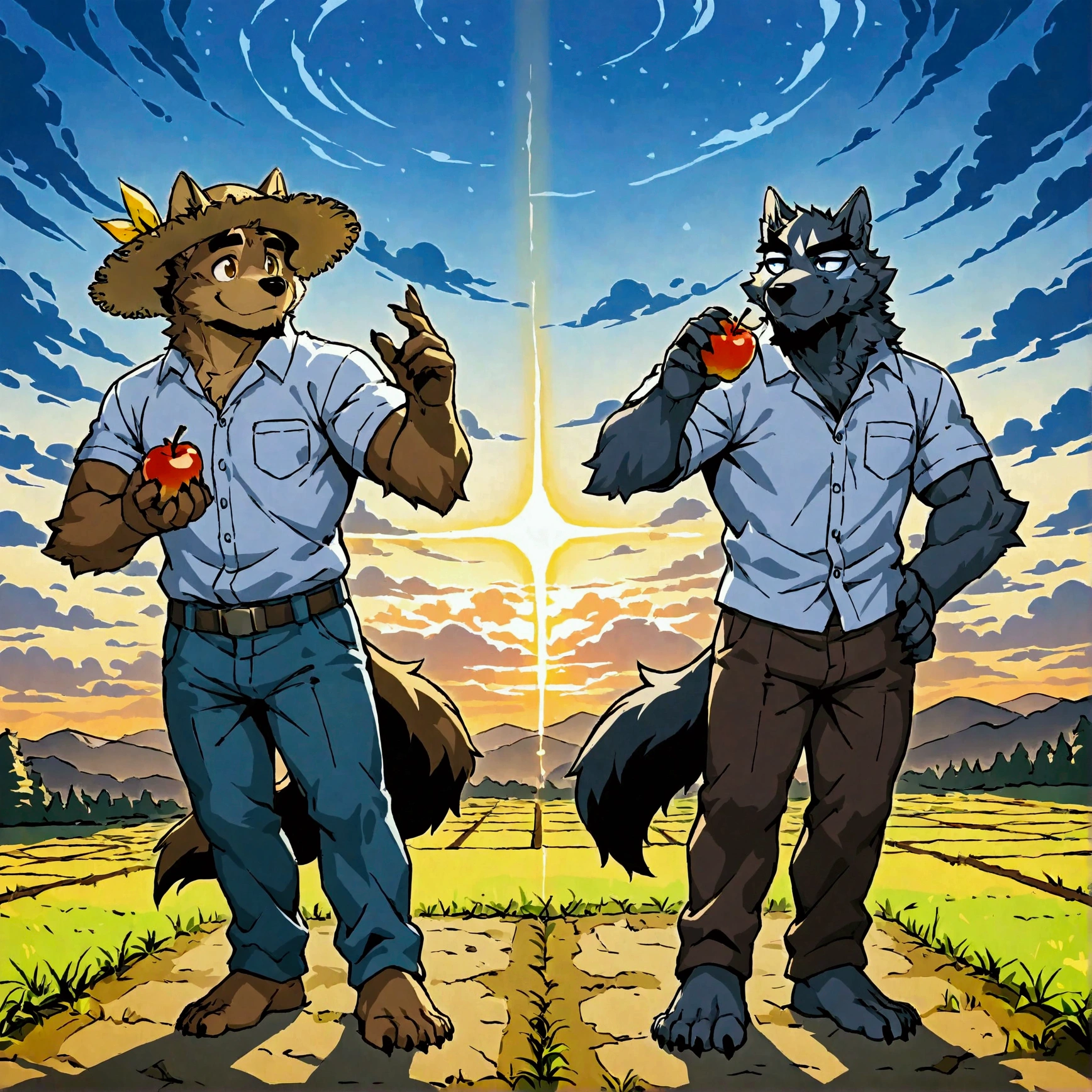 character focus, full body, looking away, dynamic angle, farmer, a middle-aged akita inu man, full body in Michelangelo Buonarroti style, housamo style, digital illustration anime, niji6, BREAK happy, little smile, working were clothes, straw hat, shirt, pants, sweet apple, harvesting fruits, dynamic pose, detailed painting landscape, morning, a grove of trees wordnet, tall sweet apple trees, outdoor, full color, HDR, BREAK complete anatomy, perfect proportions, beautiful thigh gap, fluffy body, intricate fur details, beautiful fur texture, BREAK (a detailed akita inu 1tail), detailed toe, 5toes, 5toes nails, beautiful foot, detailed hands, 5fingers, 5fingers nails, BREAK anime face, insanity detailed face, male face, big face, square jawline, anime intense eyes, detailed brown eyes, detailed brown cornea, detailed dark brown irises, detailed pupils, male eyes, male eyebrows, beautiful beard, BREAK masterpiece, official art, best quality, very aesthetic, absurdres, super fine illustration, great quality, BREAK noise reduction, very highres, large filesize, high quality, 32K, 8k wallpaper, dynamic lighting, BREAK insanity detailed, ultra detailed, intricate details, extremely detailed, detailed texture, an extremely delicate and beautiful, BREAK e621 illustration, osukemo, kemohomo, anthropomorphic, furry, harmonious body, pastoral face, virtuous eyes, harvesting atmosphere