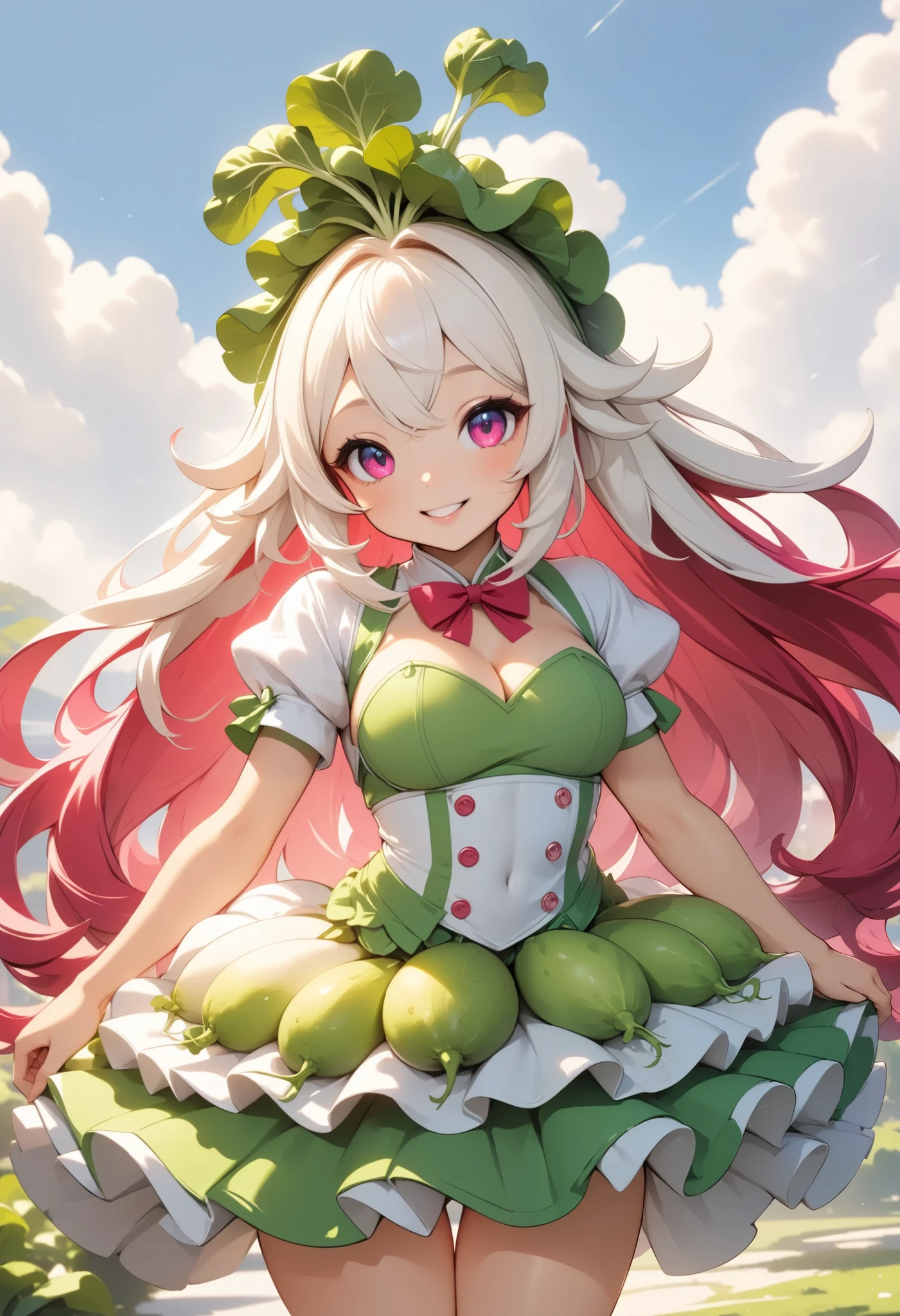 radish humanized,radish girl,cute radish concept costume,cute smile,sexy pose,(best quality,4k,8k,highres,masterpiece:1.2),ultra-detailed,(animestyle),1girl,extremely detailed eyes and face,longeyelashes,natural lighting,vibrant colors,fantasy,digital painting,concept art,soft lighting,warm color palette,dynamic pose,flowing hair