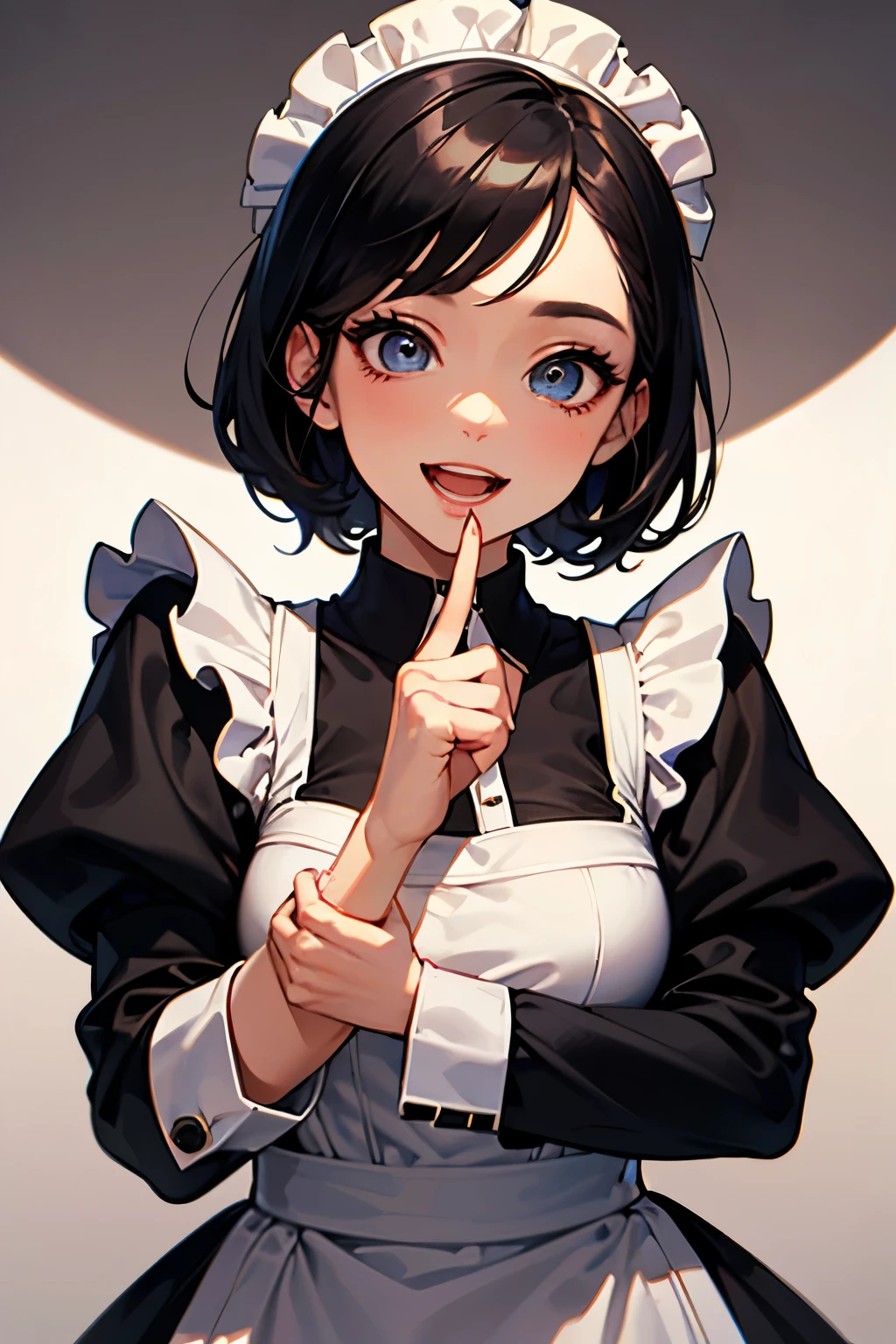 (best quality,4k,high resolution,masterpiece:1.2),detailed eyes,beautiful detailed lips,extremely detailed large eyes and face,long eyelashes, perfect anatomy, 1 maid with short black hair is serving many delicious deserts, Europian noble face, tightly fitted outfit,black long-sleeved maid costume,wearing long skirt, wearing white tights, upper body portrait abobe the knee,beautiful face with smile, open mouth to laugh, large cool eyes, upward gaze,open mouth with joyful feels, feels a confidence expression.