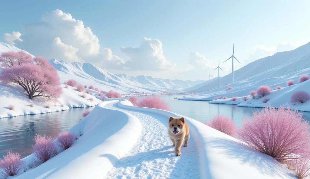 Surreal aerial view in 16K Ultra HD Panoramic view of the vast Tibetan frozen world
Subject: Miniature baby chow chow puppy with light blue eyes, very furry.
walks, sometimes plays and jumps on a winding path, white frozen snow road.
The puppy walks and plays, has real puppy gestures, pants, sticks out his tongue sometimes from tiredness.
With every step the puppy takes he leaves footprints.
Environment overview: A Tibetan landscape full of snow.
Wavy path that creates a beautiful texture similar to a white carpet full of snow.
Terrain details:
Smooth snow hills that create a wavy texture.
The terrain is dotted with huge white clouds as fluffy as marshmallows, giant pink mushrooms with bright green, blue spots, giant trees full of white snow.
A group of button lakes shine in the distance, reflecting a soft light.
Road network:
A network of winding white snow roads winding between the hills like ribbons.
The three-dimensional snow overpass shows a unique sense of craftsmanship
Color distribution:
The main tone is a soft white, evolving towards the lavender horizon. Dotted with blue button lakes with reflections in the clear water, purple-red marshmallow forests.
The ground surface features a fine snow texture, which changes direction with the undulations of the terrain.
Fine traces of the puppy's footprints can be seen on the road surface.
Dynamic elements:
The gentle undulations of footprints caused by the running and walking of the chow chow puppy, and the undulations can be seen spreading from the air.
The windmill rotating with the wind slowly in the distance, causing the surrounding felt grass to ripple.
Camera movement: Slow and smooth tracking shot.

Keeping the puppy in the center of the frame.
Composition: Wide-angle composition, rule of thirds design, highlighting the harmony of terrain curves and road lines.