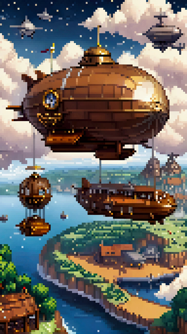 pixel art, ((moving 1 a dirigible airship fantasy)), night, clouds, stars, (sky), isometric