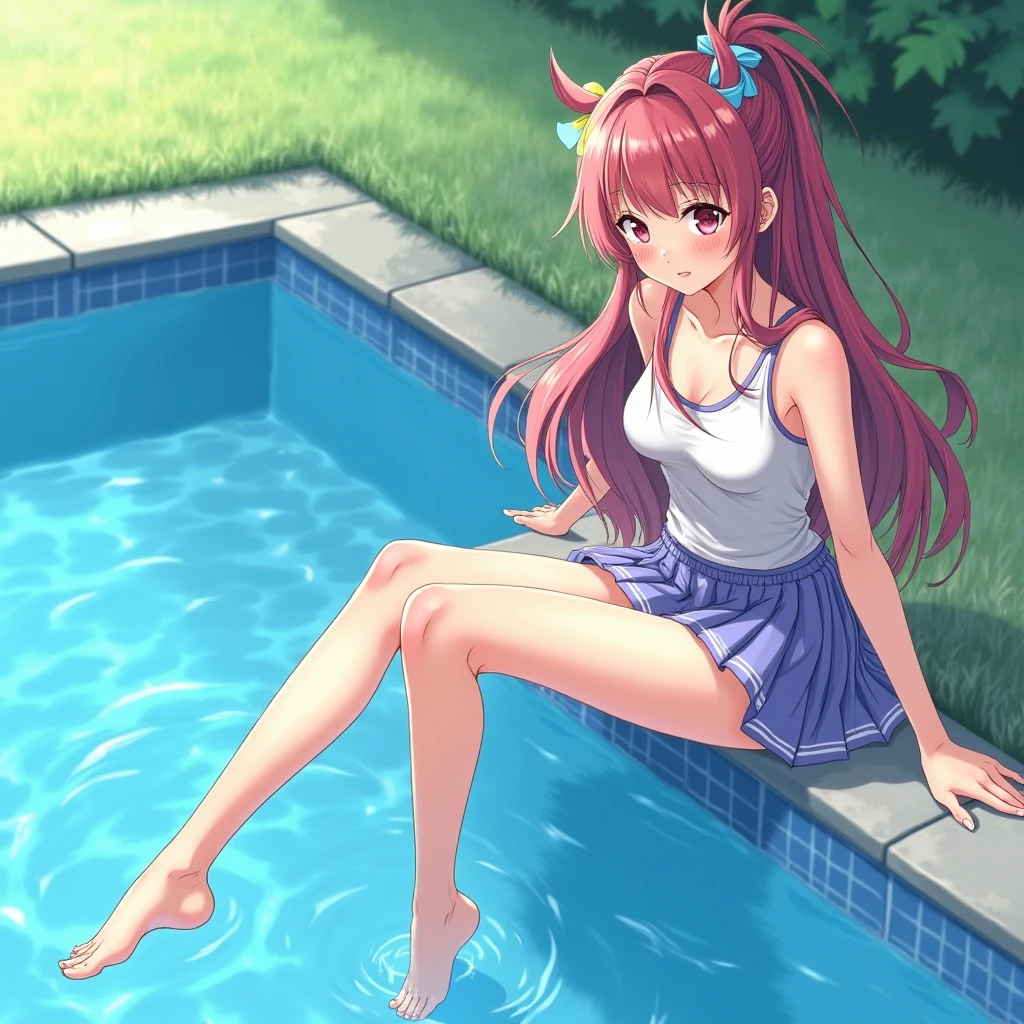 Woman having fun by the pool、squatting and legs open、Spit、red blush、sad Facial expression、涎、Peeing