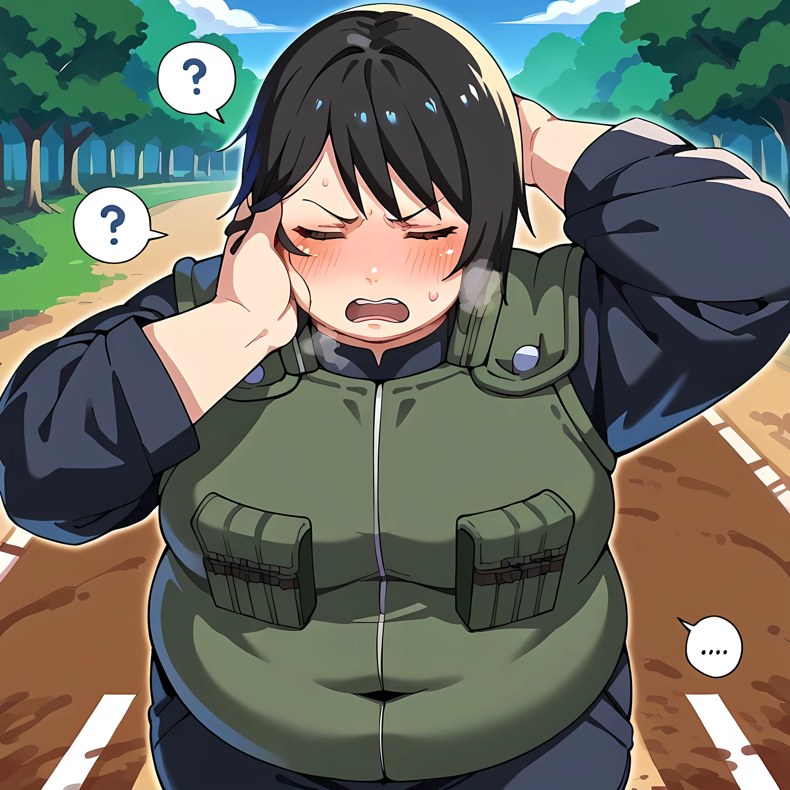 score_9, score_8_up, score_7_up, score_6_up, source_anime BREAK 1girl, solo, shizune, black hair, vest, black sleeves, long sleeves, pants, (big breasts:0.6), closed eyes, open mouth, sigh, arm behind head, arm at side, blue sky, dirt road, forest swollen face, fat, chubby, obese, open mouth, out of breath, absurdres, highres icon, rating:General, confused, blush, spoken question mark, {flustered}, nervous sweating, portrait, pov hands, hand on another's cheek, averting eyes, [looking away], straight-on, from above,  upper body, masterpiece, best quality, ultra-detailed, high resolution, 8K, absurdres, highres icon,