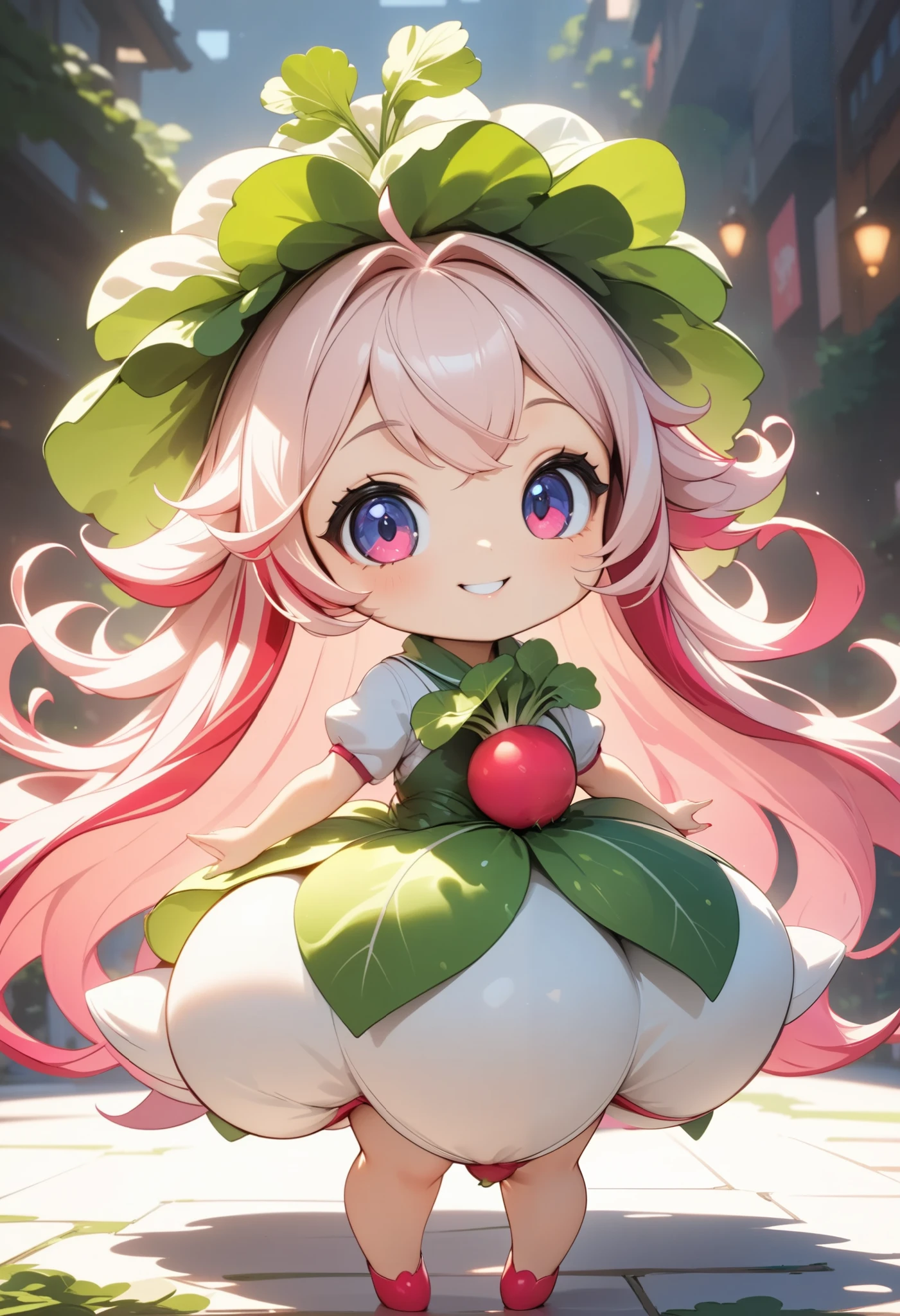 radish humanized,radish girl,cute radish concept costume,cute smile,sexy pose,(best quality,4k,8k,highres,masterpiece:1.2),ultra-detailed,(animestyle),1girl,extremely detailed eyes and face,longeyelashes,natural lighting,vibrant colors,fantasy,digital painting,concept art,soft lighting,warm color palette,dynamic pose,flowing hair