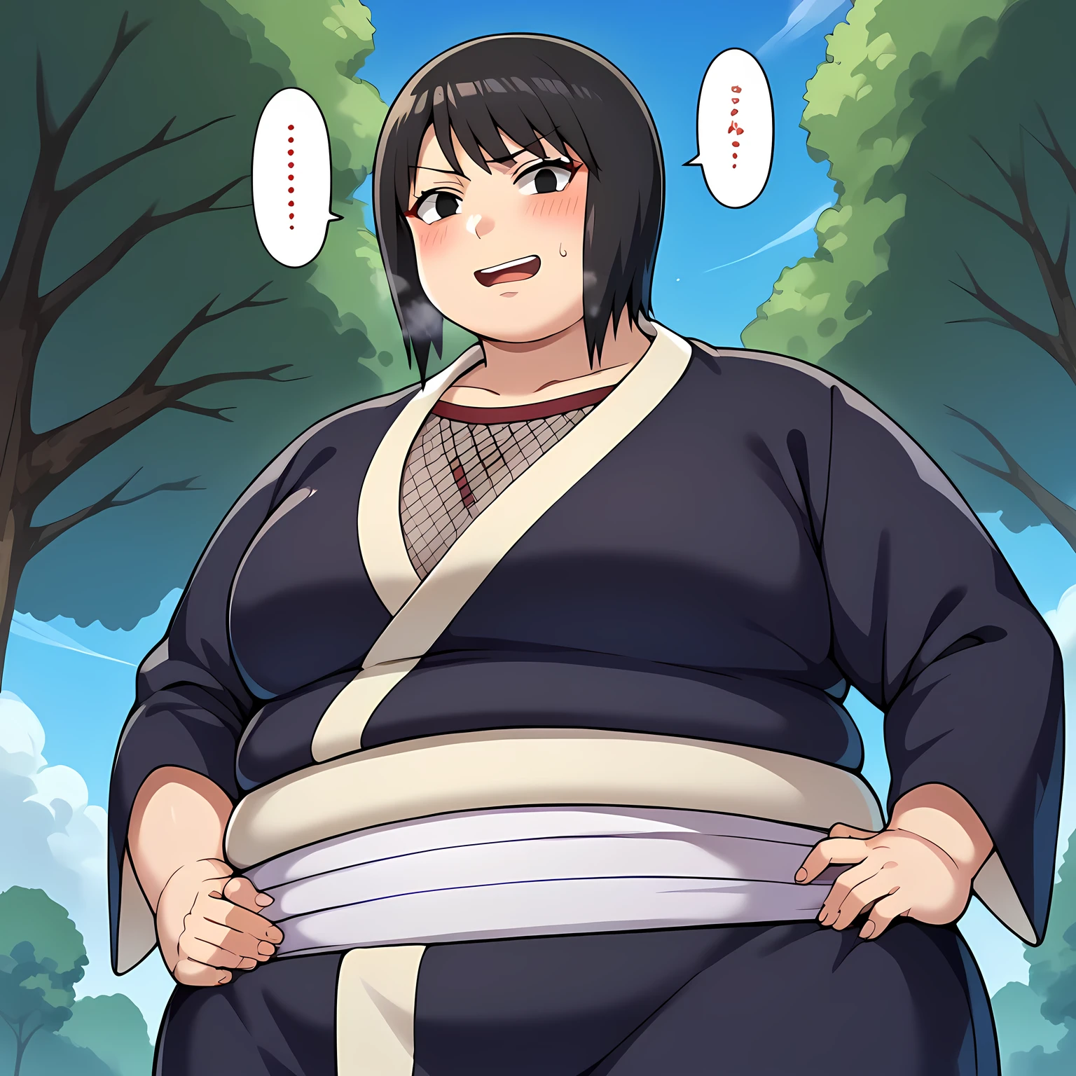 score_9, score_8_up, score_7_up, score_6_up, source_anime BREAK 1girl, solo, shizune, black hair, black eyes, black kimono, (big breasts:0.6), looking at you, hand on hip, light smile, blue sky, tree bulging belly, fat, chubby, obese, open mouth, out of breath, absurdres, highres icon, rating:General, confused, blush, spoken question mark, {flustered}, nervous sweating, portrait, pov hands, hand on another's belly, averting eyes, [looking away], straight-on, from below, swollen face, masterpiece, best quality, ultra-detailed, high resolution, 8K, absurdres, highres icon,