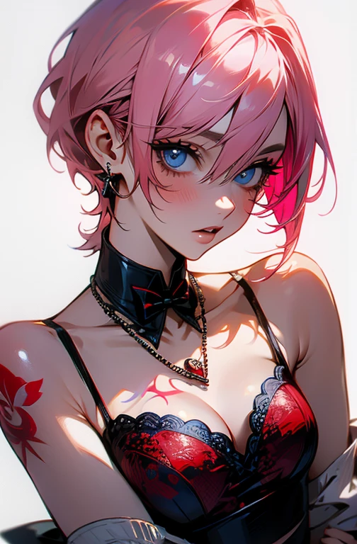 Cool women、sexy、Center of chest、Rize from Chainsaw Man、beauty、Yandere、、Face close-up、Chest tattoo、Red lace、necklace、(look up)、(Pink Hair)、(Angle from the buttocks)