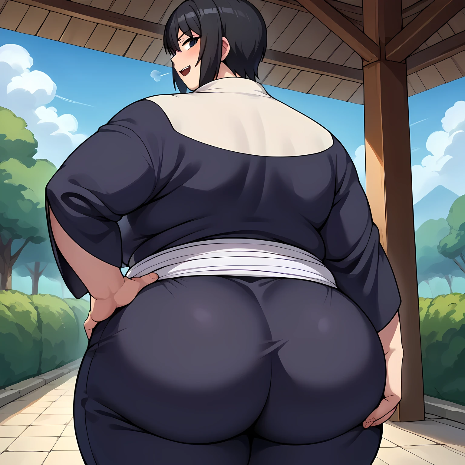 score_9, score_8_up, score_7_up, score_6_up, source_anime BREAK 1girl, solo, shizune, black hair, black eyes, black kimono, (big breasts:0.6), looking at you, hand on hip, light smile, blue sky, tree huge ass, fat, chubby, obese, open mouth, out of breath, absurdres, highres icon, rating:General, confused, blush,  {flustered}, nervous sweating, portrait, pov ass, hand on another's ass, averting eyes, [looking away], straight-on, from behind, swollen face, bulging belly, looking back at viewer, ass grab, masterpiece, best quality, ultra-detailed, high resolution, 8K, absurdres, highres icon,