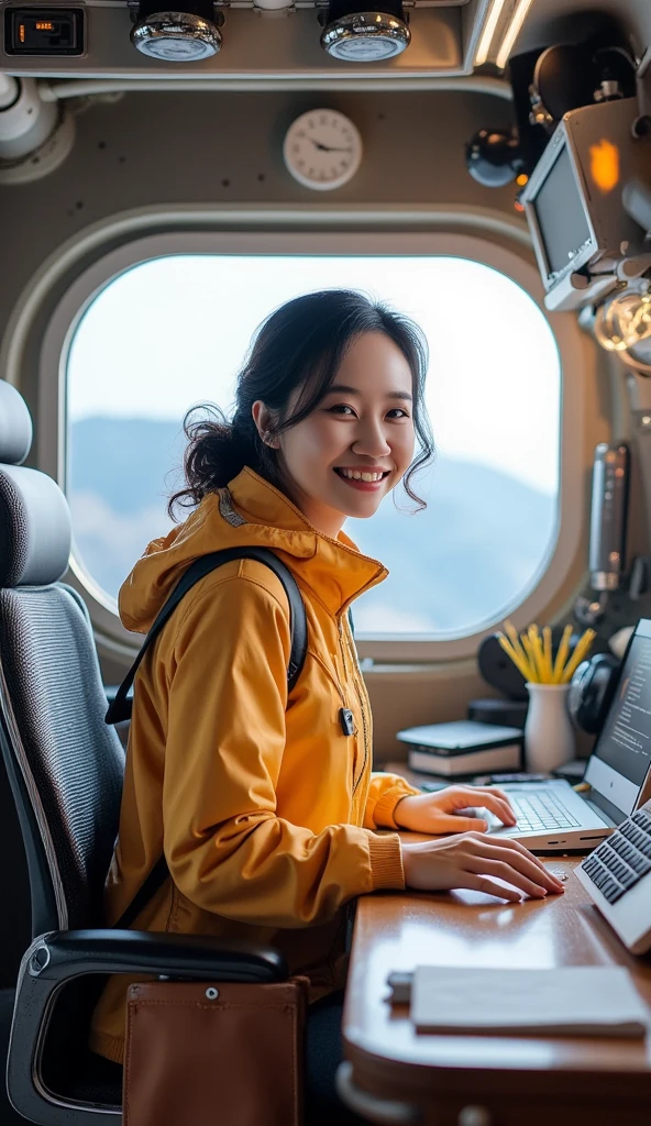 steampunk exterior of a spaceship. Through the windows you can see the landscape of an alien planet, the entire space is full of work consoles with electronic devices and screens, full-HD, Korea girl, illustration style, 8k, high detailed, detail eyes, detail lips, dramatic lighting, high resolution,