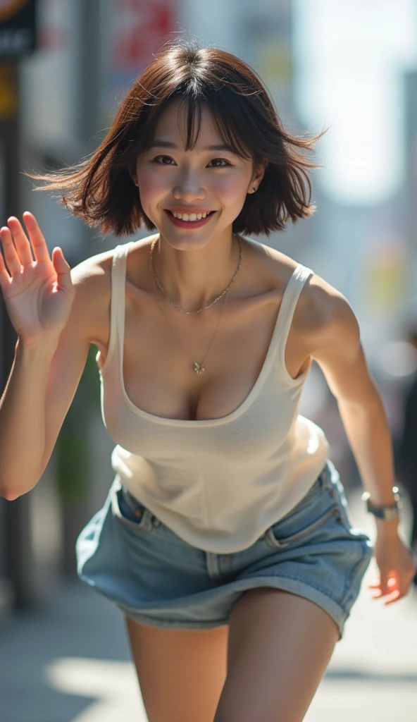 (Best quality, 8k, 32k, Masterpiece, UHD:1.3),Photo of Pretty Japanese woman, large breasts, very short bob hair, perfect body,(Oversized_White tank top, short pants:1.1) ,Meditation Poses, smile, bending legs,Cleavage view,looking up