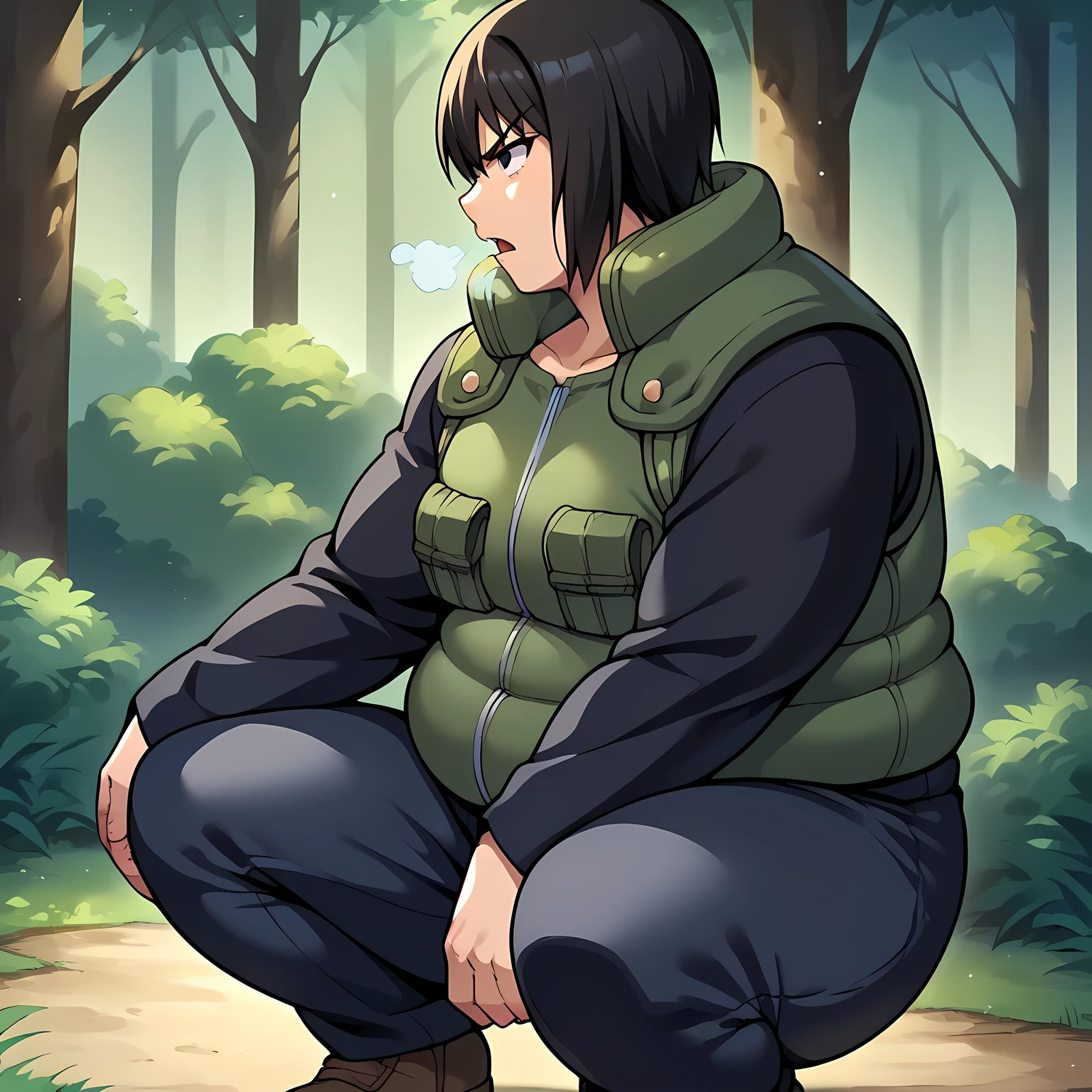 score_9, score_8_up, score_7_up, score_6_up, source_anime BREAK 1girl, solo, shizune, black hair, black eyes, vest, black sleeves, long sleeves, pants, (big breasts:0.6), crouching, serious, from side, forest fat, chubby, obese, gigantic arms and legs, large breasts open mouth, out of breath