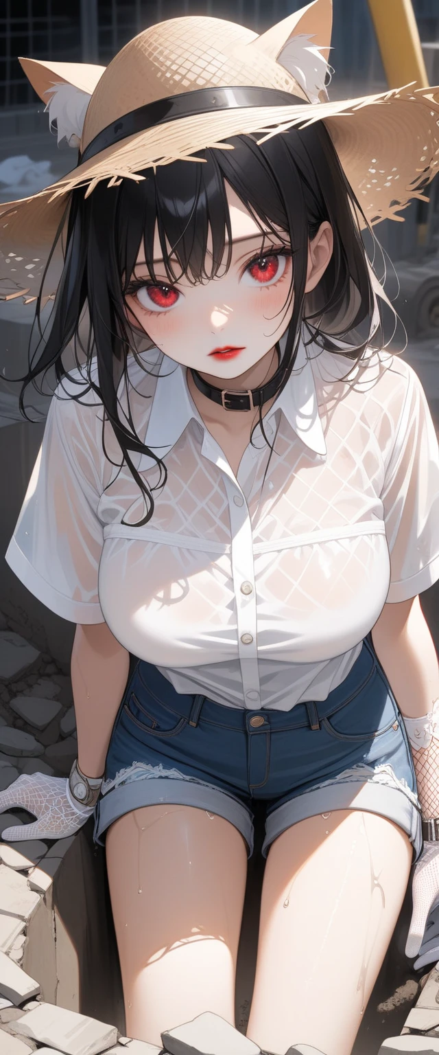 ((Top Quality, 8K, Masterpiece: 1.3)), Sharp Focus: 1.2, Cute Beauty with Perfect Figure: 1.4, Slim Big: 1.2, ((Black Casual Hairstyle, Big: 1.2, Big: 1.2)), (Extra Large Shirt, Buttoned Shirt, Open Shirt, White Shirt), (Men's Shirt), (No underwear)), (Semi-nude, ecstatic, standing: 1.2), ((( Simple balcony: 1.3 created mainly by women)), very detailed face and skin texture, fine eyes, double eyelids, slave chains, slave collars, harnesses,