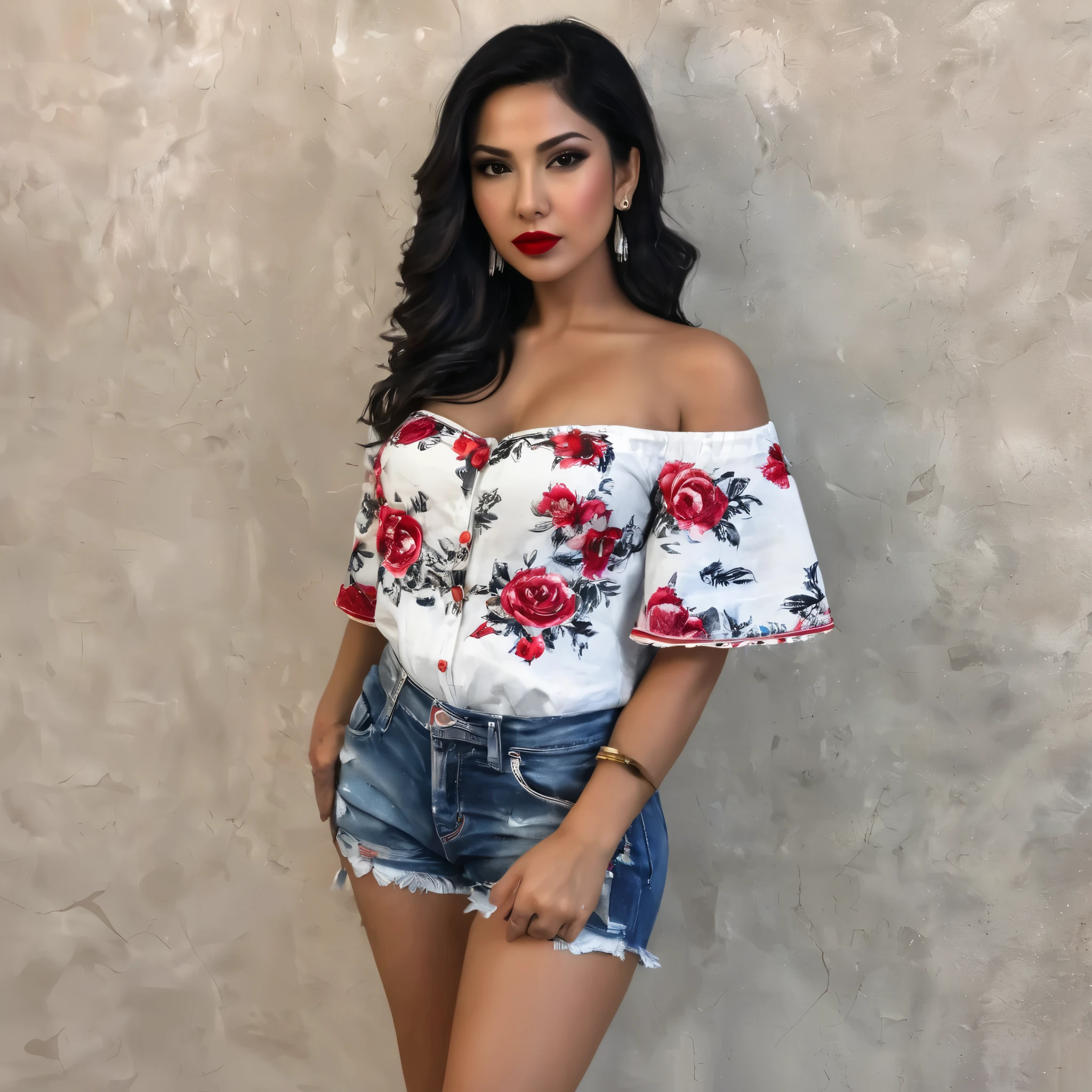 A super beautiful half-Japanese woman with huge breasts, wearing an open-necked aloha shirt that shows off her deep cleavage and erect nipples, and a slim body with a great figure. She works as a tourist guide on the streets of Hawaii. Her skin is tanned brown.