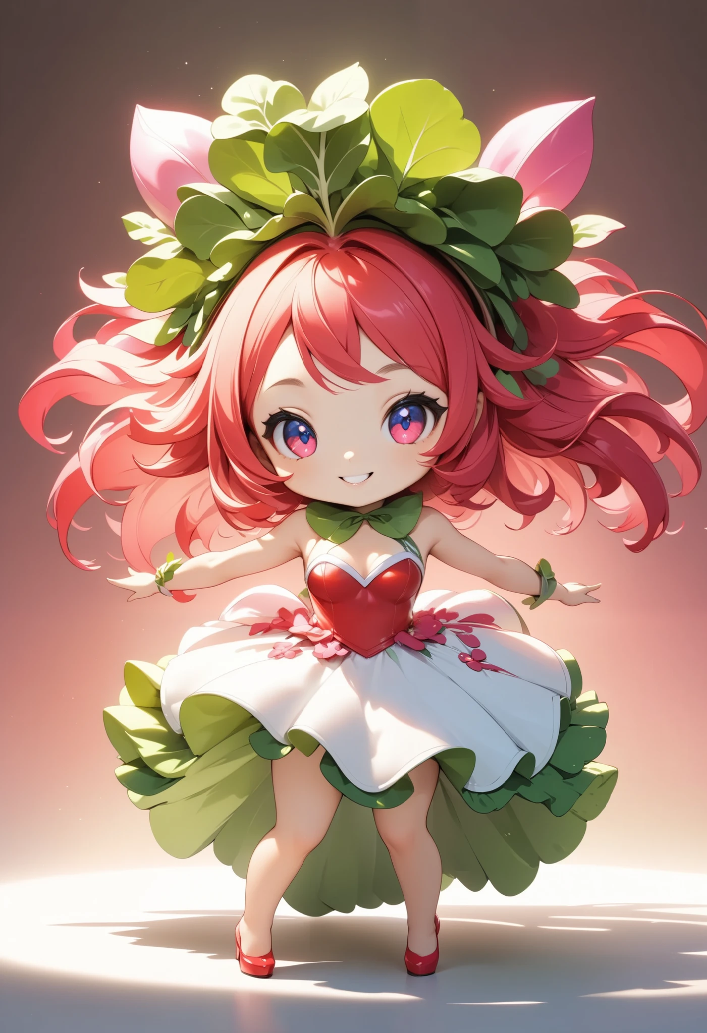 radish humanized,radish girl,cute radish concept costume,cute smile,sexy pose,(best quality,4k,8k,highres,masterpiece:1.2),ultra-detailed,(animestyle),1girl,extremely detailed eyes and face,longeyelashes,natural lighting,vibrant colors,fantasy,digital painting,concept art,soft lighting,warm color palette,dynamic pose,flowing hair