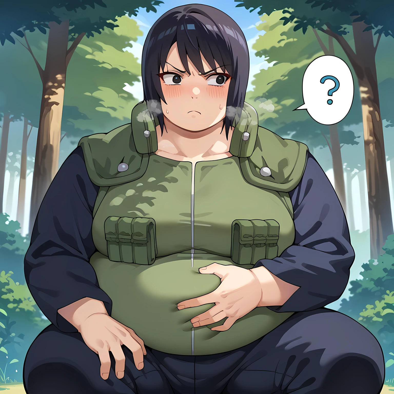 core_9, score_8_up, score_7_up, score_6_up, source_anime BREAK 1girl, solo, shizune, black hair, black eyes, vest, black sleeves, long sleeves, pants, (big breasts:0.6), crouching, serious, from side, forest bulging belly, fat, chubby, obese, open mouth, out of breath, absurdres, highres icon, rating:General, confused, blush, spoken question mark, {flustered}, nervous sweating, portrait, pov hands, hand on another's belly, averting eyes, [looking away], straight-on, from below, swollen face, masterpiece, best quality, ultra-detailed, high resolution, 8K, absurdres, highres icon,