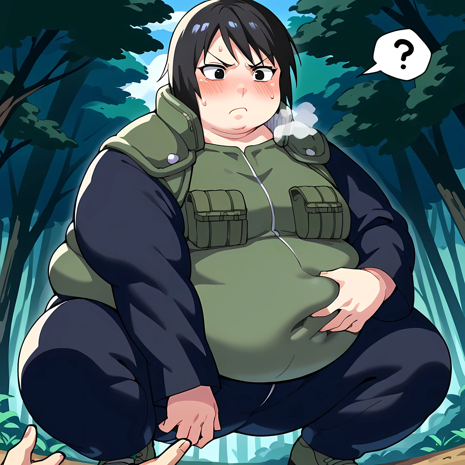 core_9, score_8_up, score_7_up, score_6_up, source_anime BREAK 1girl, solo, shizune, black hair, black eyes, vest, black sleeves, long sleeves, pants, (big breasts:0.6), crouching, serious, from side, forest bulging belly, fat, chubby, obese, open mouth, out of breath, absurdres, highres icon, rating:General, confused, blush, spoken question mark, {flustered}, nervous sweating, portrait, pov hands, hand on another's belly, averting eyes, [looking away], straight-on, from below, swollen face, masterpiece, best quality, ultra-detailed, high resolution, 8K, absurdres, highres icon,